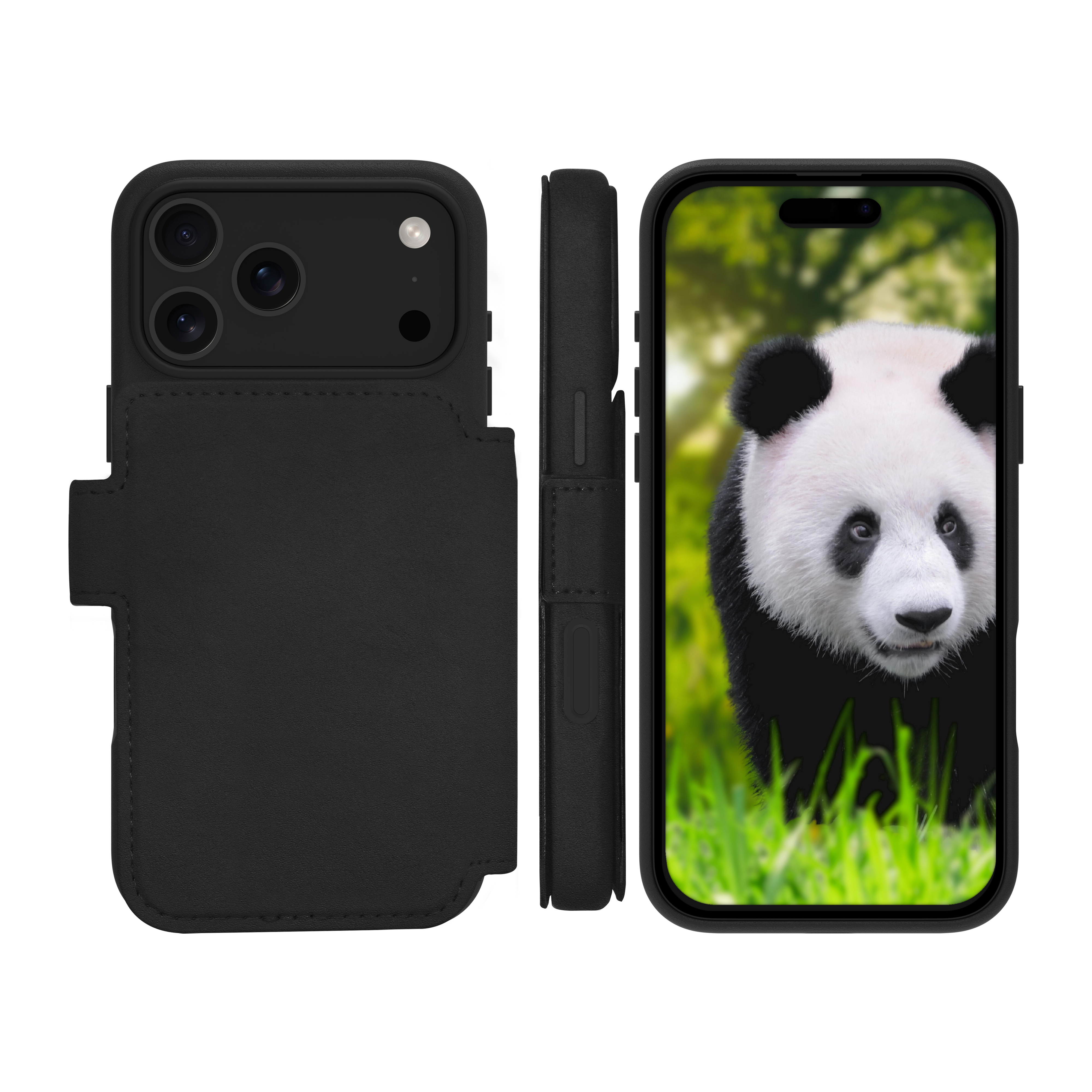 Custodia nera con panda sullo schermo, vista frontale, laterale e posteriore.