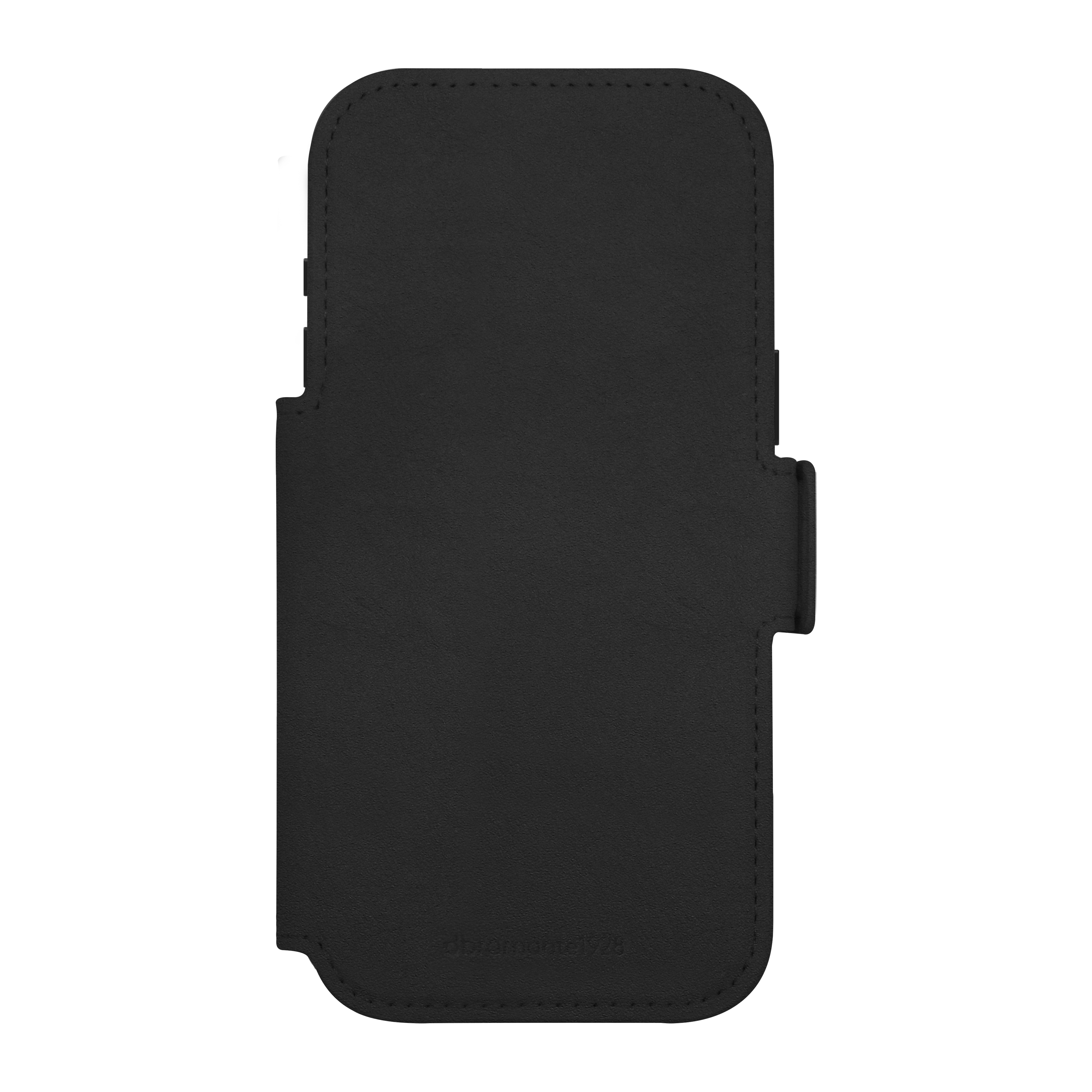 Una custodia per telefono in pelle nera con chiusura magnetica. La custodia è chiusa e ha una superficie liscia. Sfondo bianco.