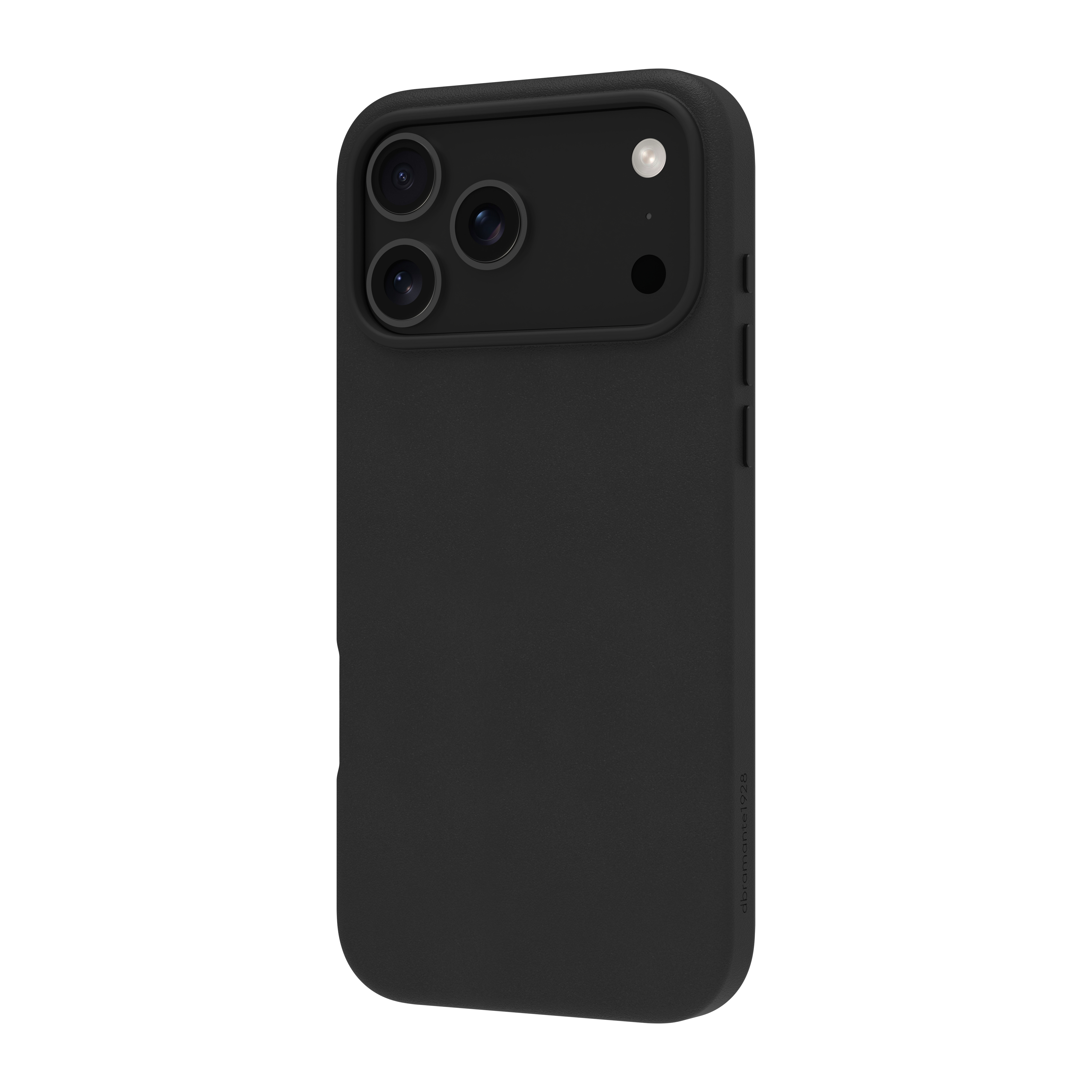 È mostrata una custodia nera per telefono con ritagli per la fotocamera. La custodia ha una consistenza liscia.