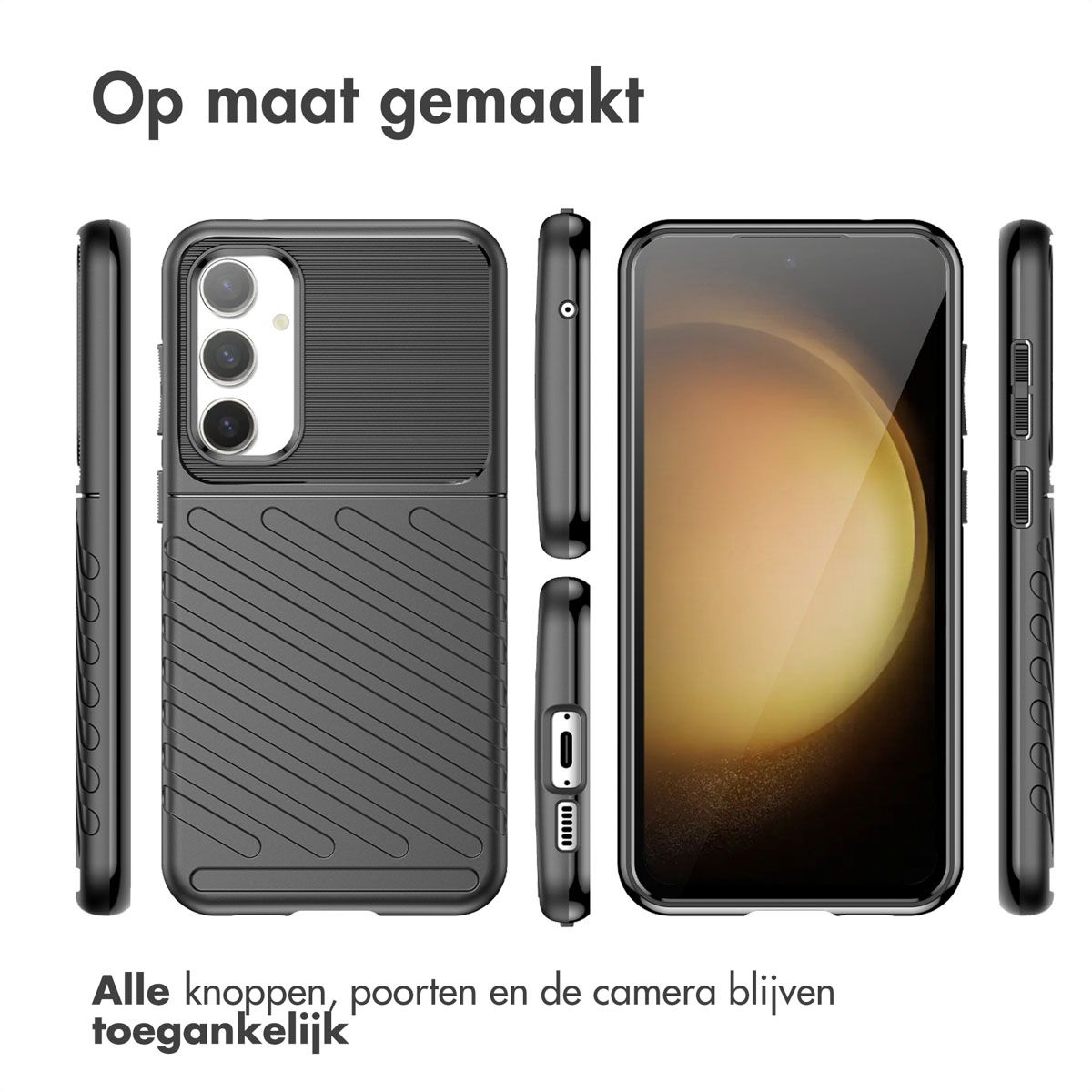 Une coque de téléphone noire avec un téléphone à l'intérieur. L'étui est affiché sous plusieurs angles. Le texte est en haut et en bas.