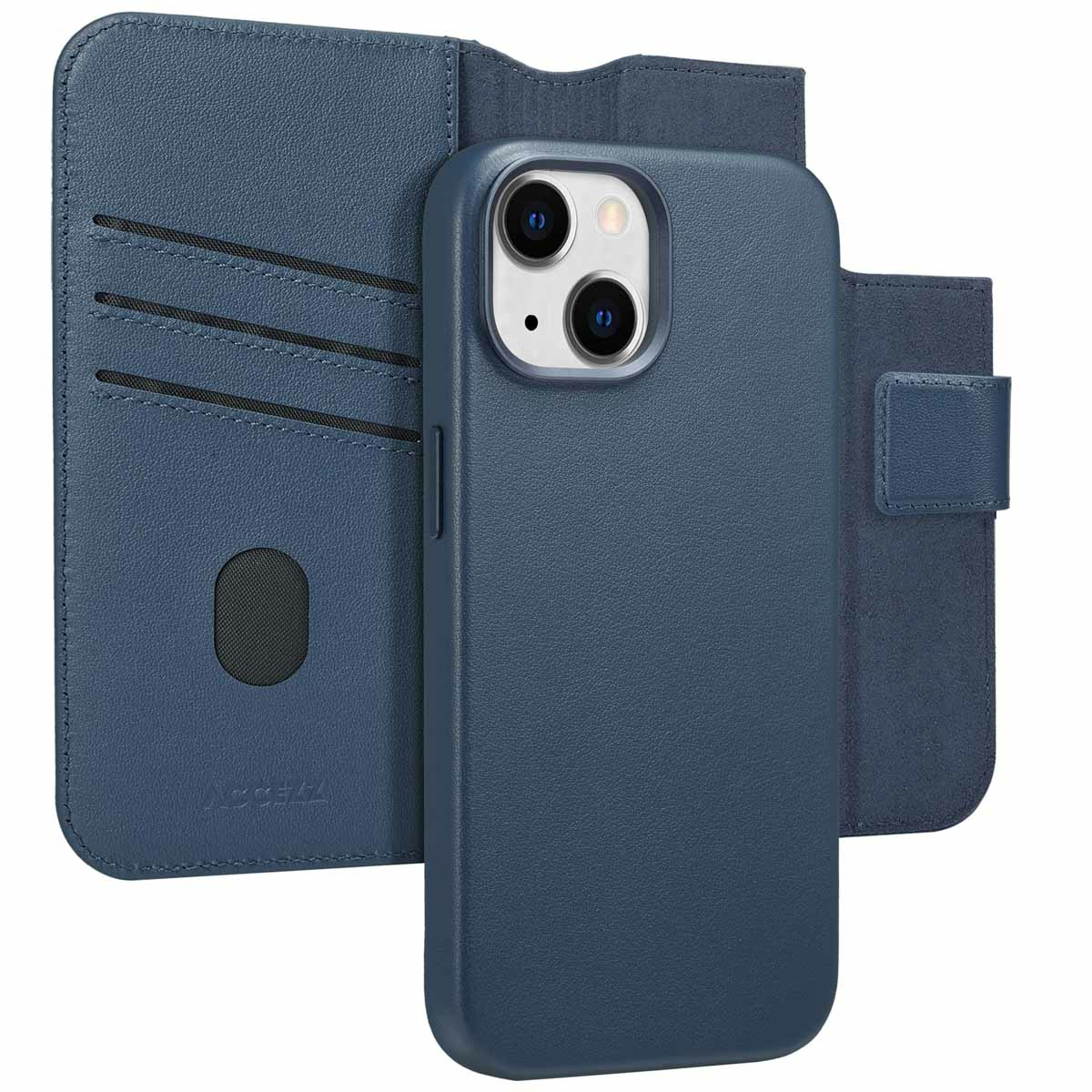 Een blauwe telefoonhoes met portemonnee. Het heeft drie kaartsleuven en een magnetische sluiting. De telefoon heeft twee camera's.