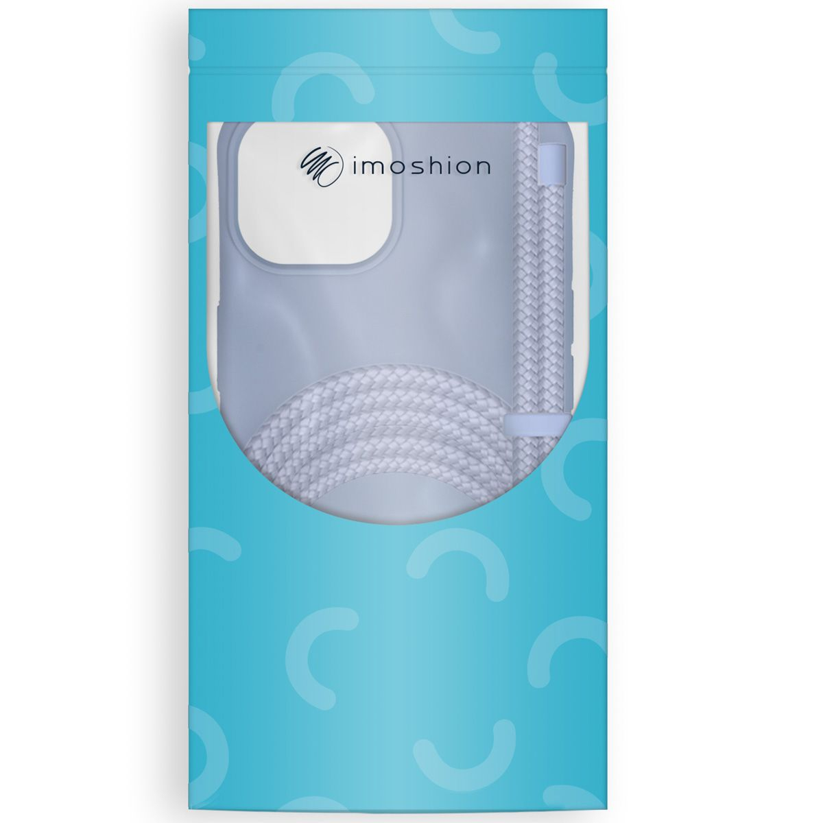 Ein Handycase und ein weißes geflochtenes Kabel in einer blauen Verpackung mit dem Logo 'imoshion'.