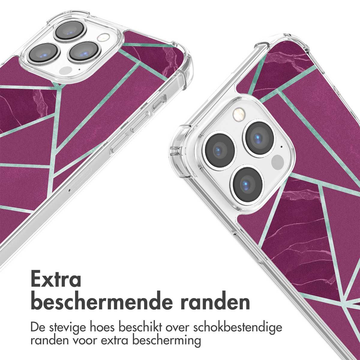 Deux coques de téléphone avec des motifs géométriques violets et sarcelle. Les coques sont transparentes avec du texte en bas. Les coques ont des caméras.