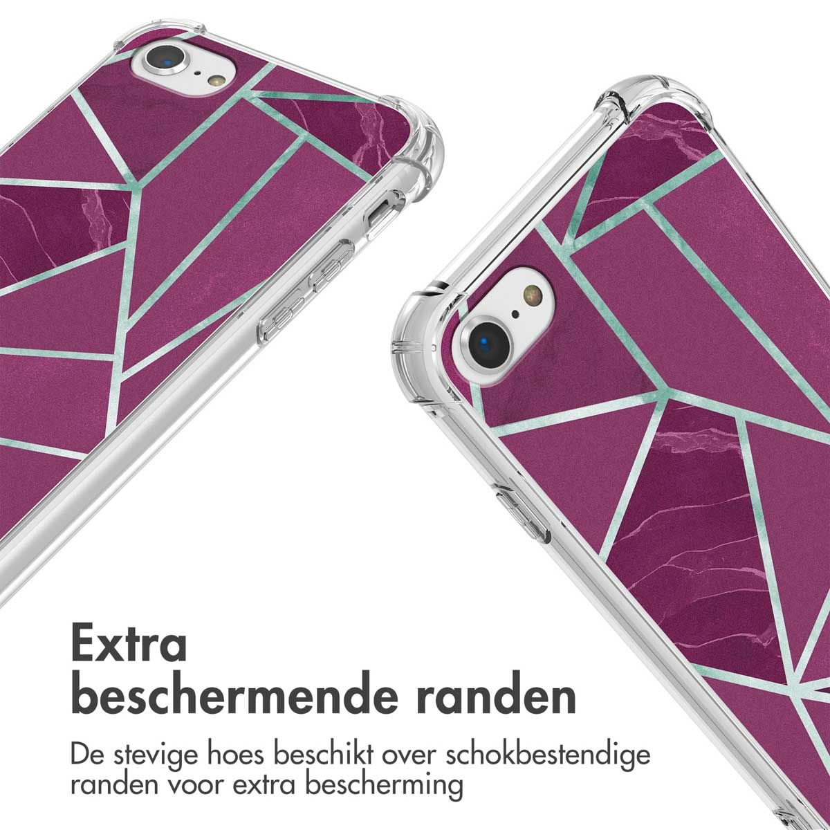 Twee telefoonhoesjes met een paars geometrisch ontwerp. De hoesjes zijn transparant en beschermen de telefoon. Tekst luidt 'Extra beschermende randen'.