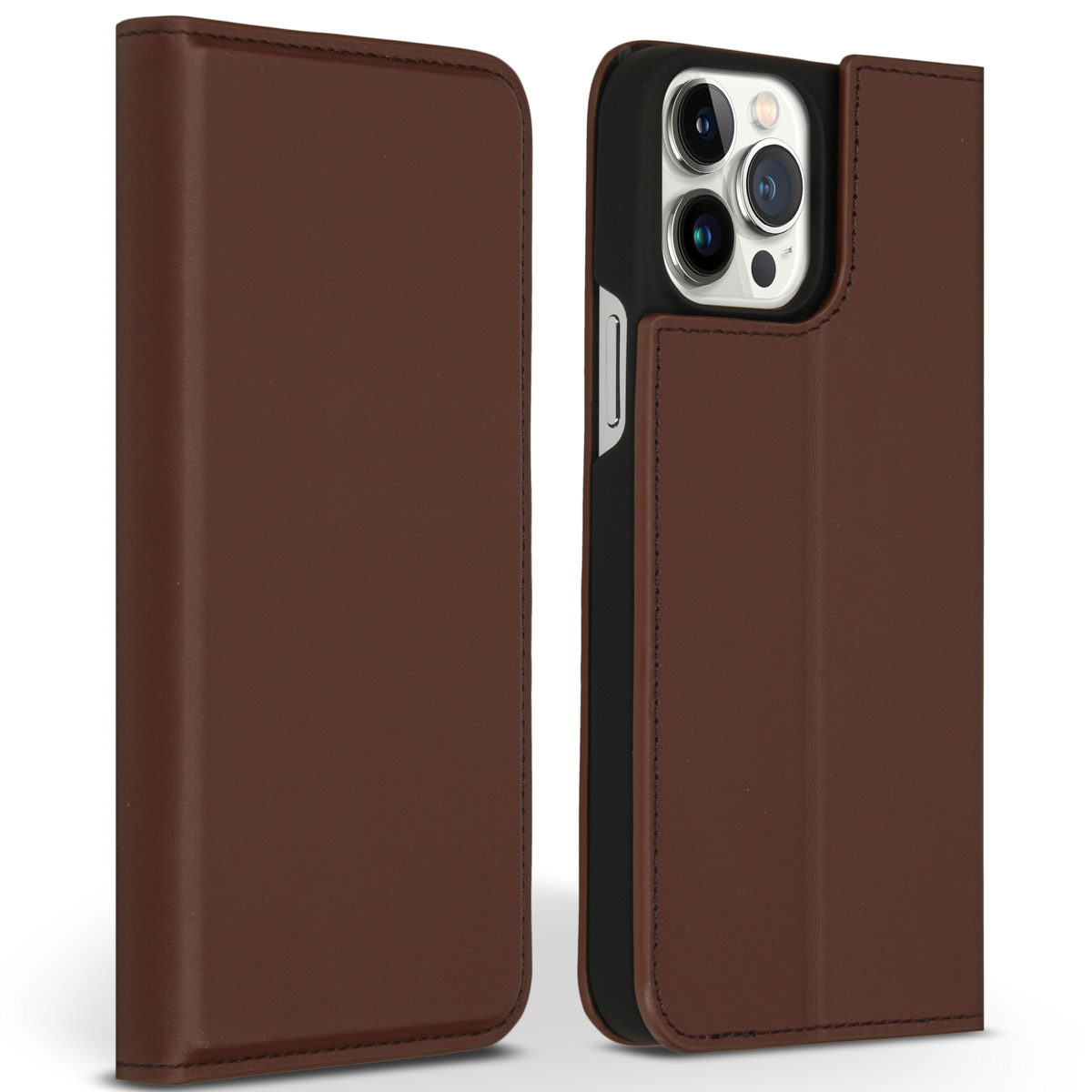 Étui de téléphone en cuir marron, ouvert vers la droite. Le téléphone est visible à droite. Fond blanc.