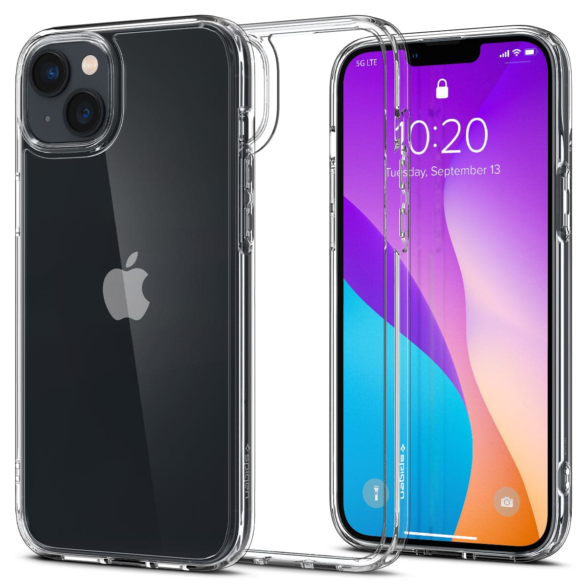 Un iPhone 13 in una custodia trasparente. Lo schermo mostra l'ora e la data. Il telefono è su una superficie bianca.
