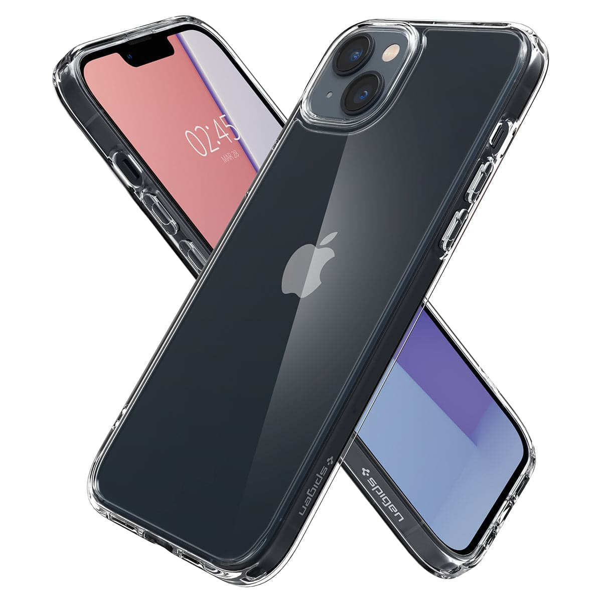 Due iPhone in custodie trasparenti, uno mostra uno schermo rosa con l'ora. Logo Apple visibile. Marchio Spigen presente.