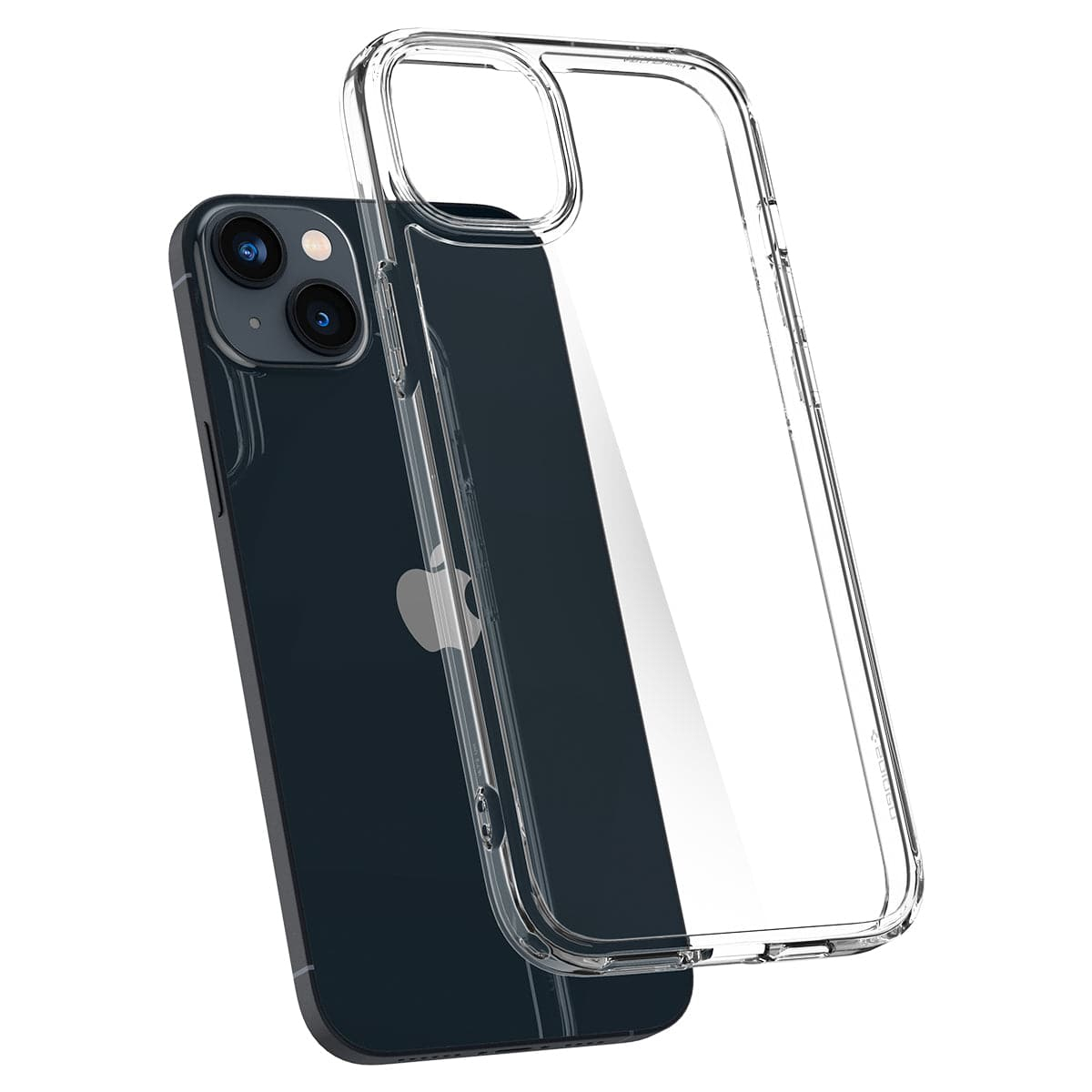 Un iPhone blu scuro con una custodia protettiva trasparente. Il telefono ha un logo Apple argentato e doppie fotocamere.