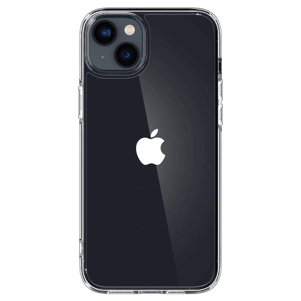 Un iPhone 13 in una custodia trasparente. Il telefono è nero con il logo Apple visibile. La custodia ha un design trasparente e protettivo.