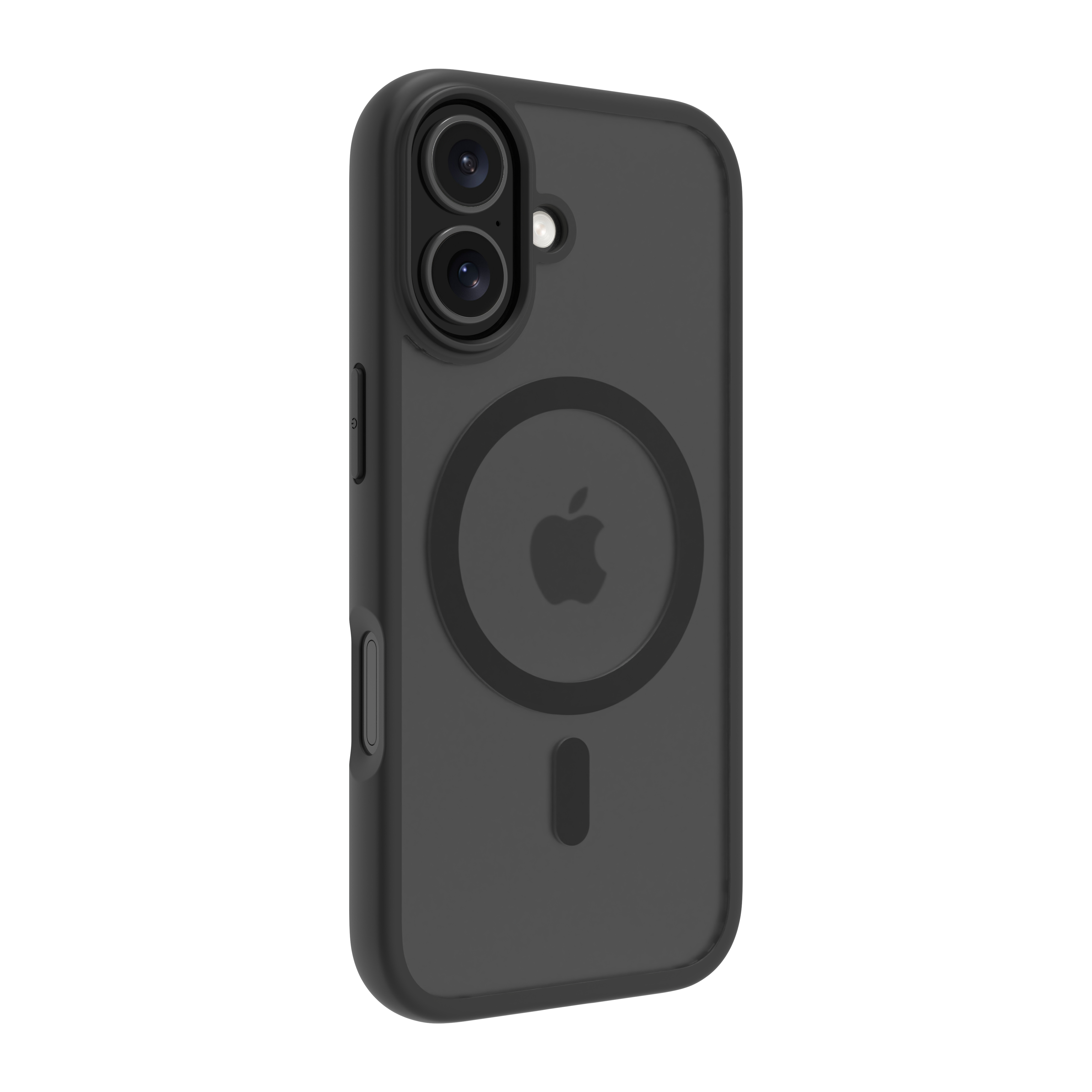 Una custodia per telefono grigio scuro, con logo Apple, fotocamere del telefono e pulsanti, su sfondo bianco.