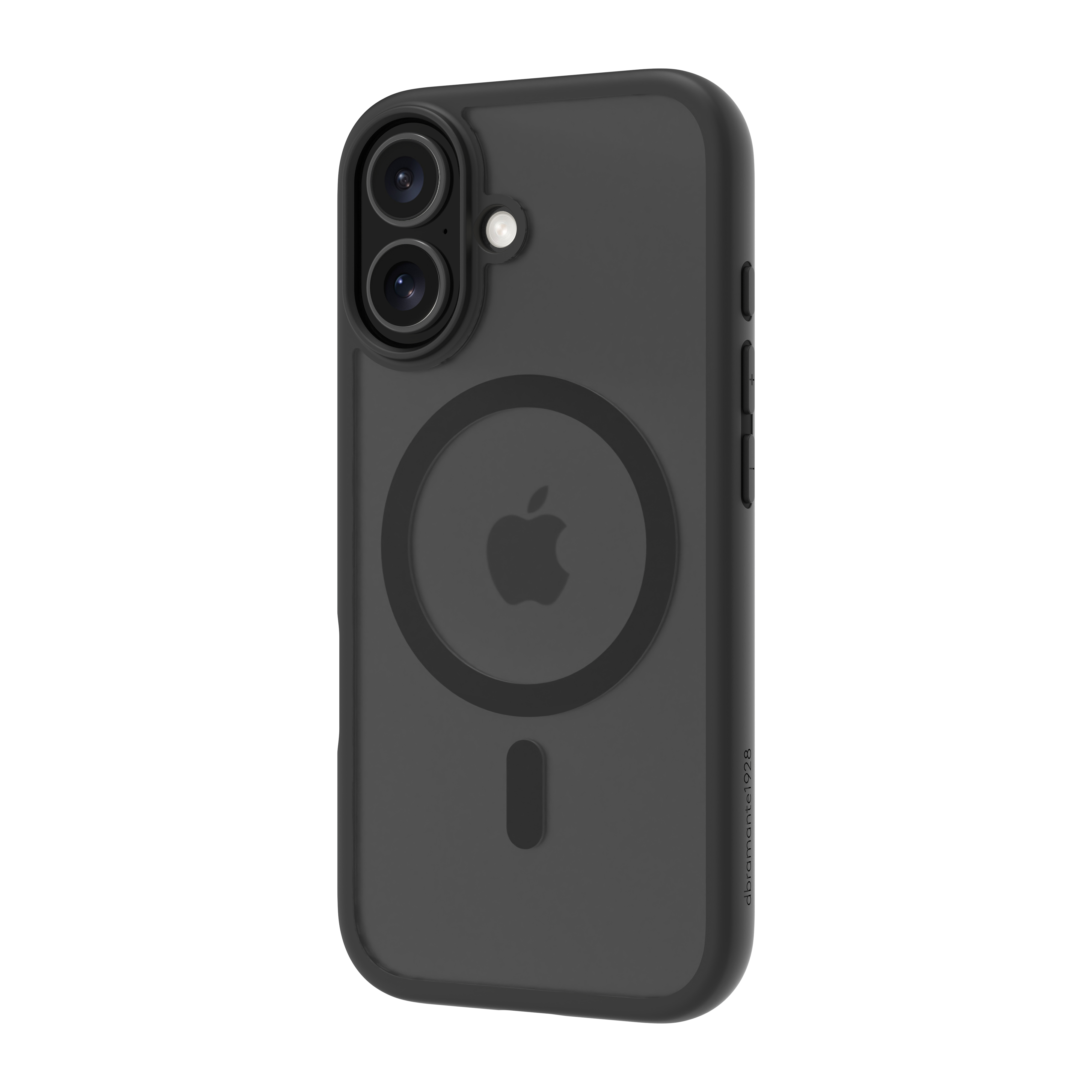 Custodia per telefono nera con due fotocamere, un anello MagSafe e il logo Apple. La custodia ha copritasti.