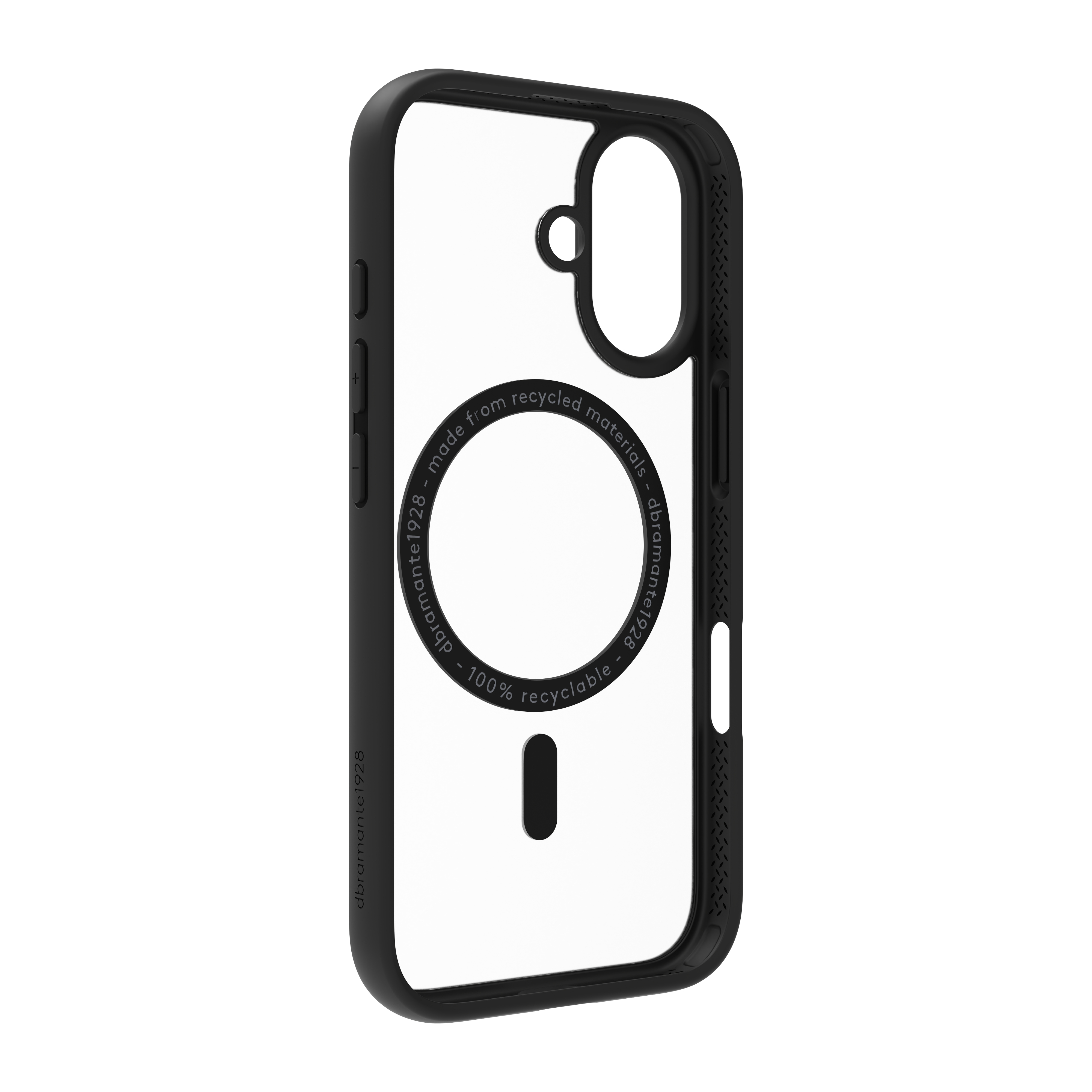 Una custodia trasparente per iPhone con cornice nera. Ha un testo circolare che dice 'made from recycled materials'.
