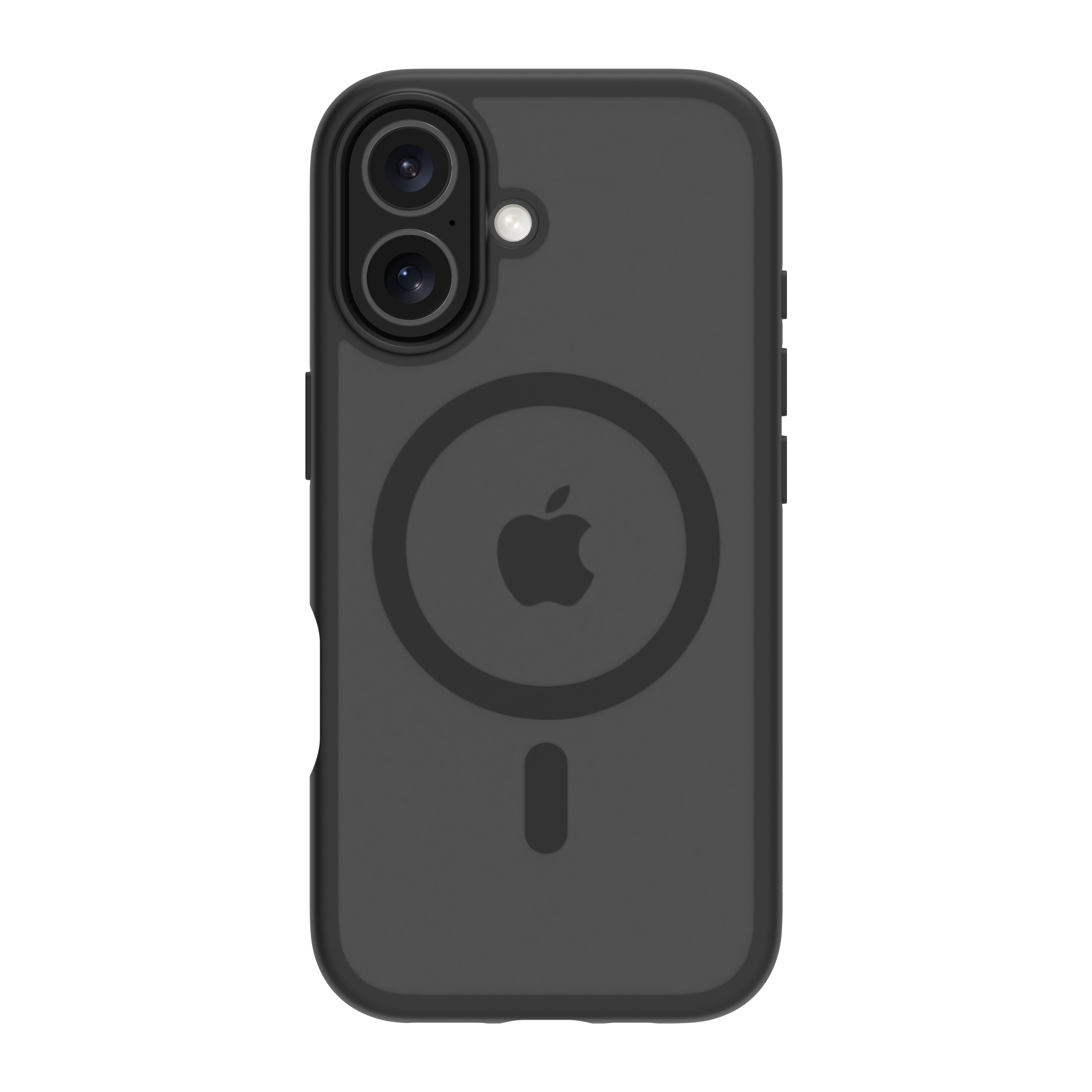 Custodia nera per telefono con lenti della fotocamera e logo Apple. Anello magnetico. Sfondo bianco.