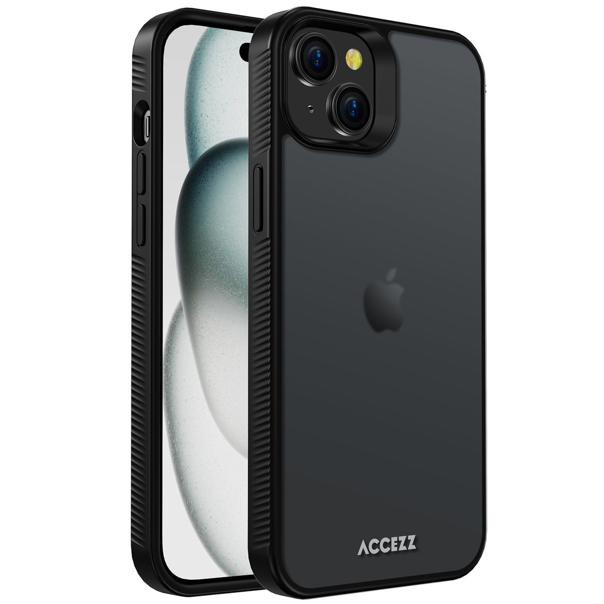 iPhone noir dans un étui de protection noir. L'étui porte la marque ACCEZZ en bas. Le téléphone affiche le logo Apple.