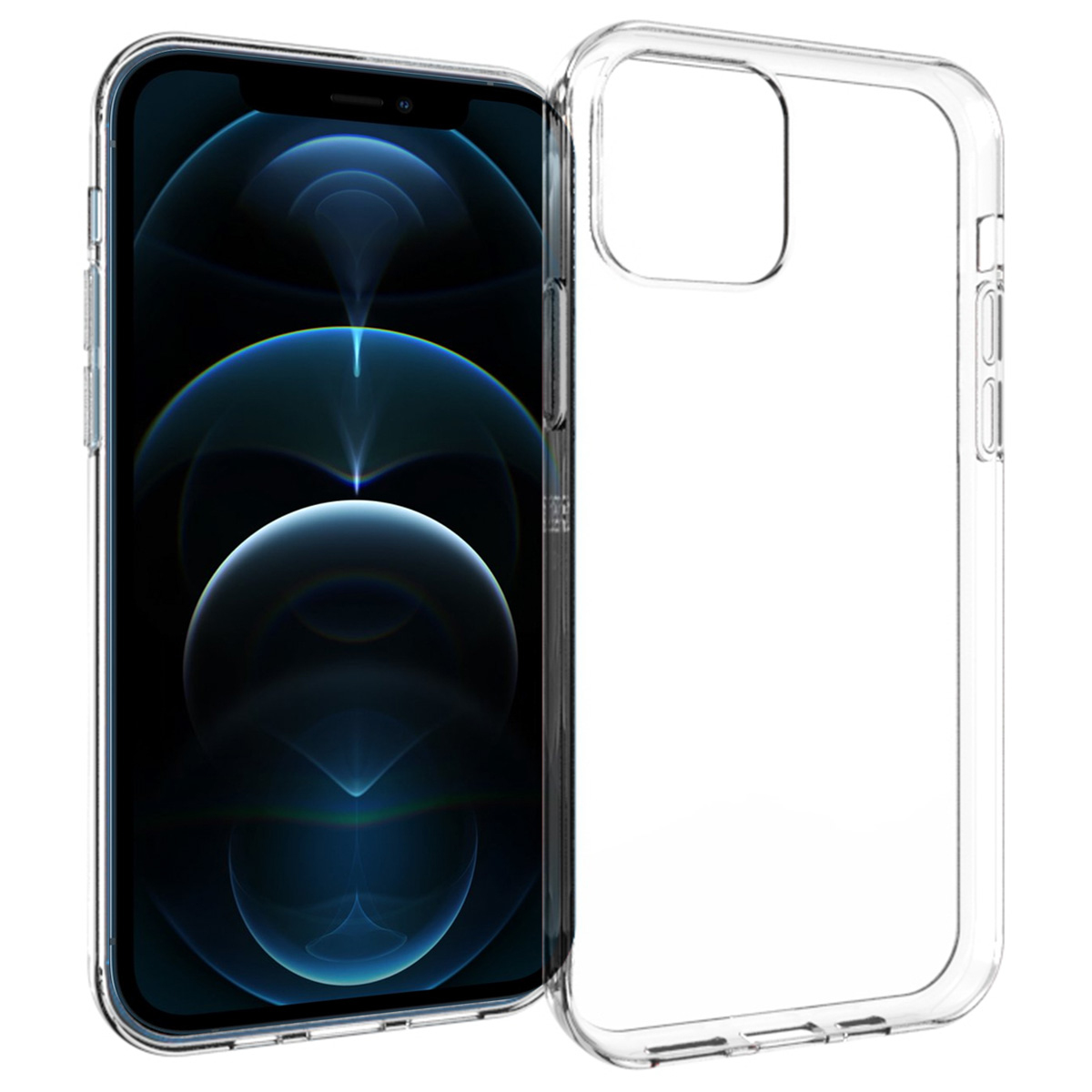 Un smartphone avec un écran bleu, dans une coque transparente, sur fond blanc.