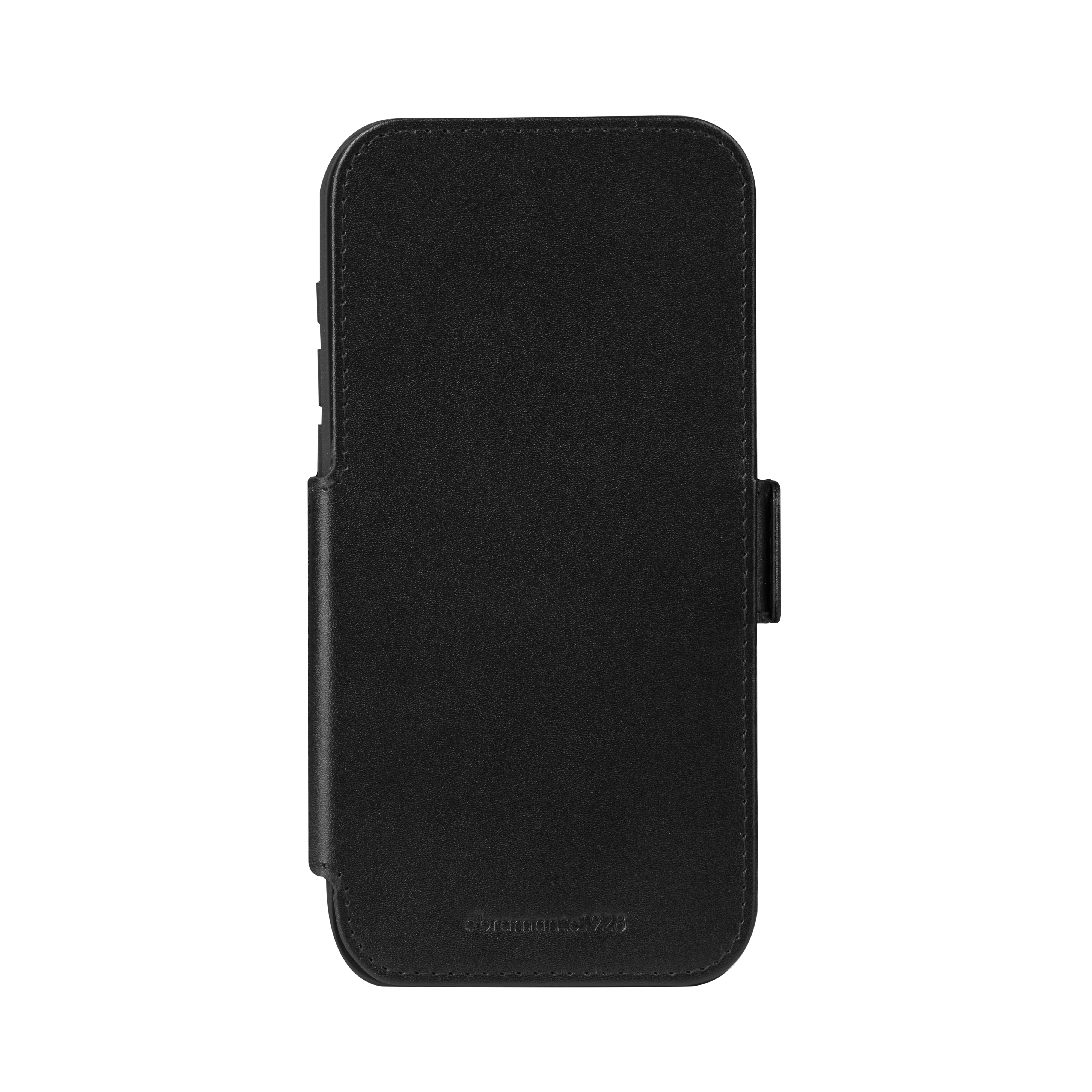 Una custodia per telefono in pelle nera con chiusura magnetica, su sfondo bianco. Il marchio è visibile.