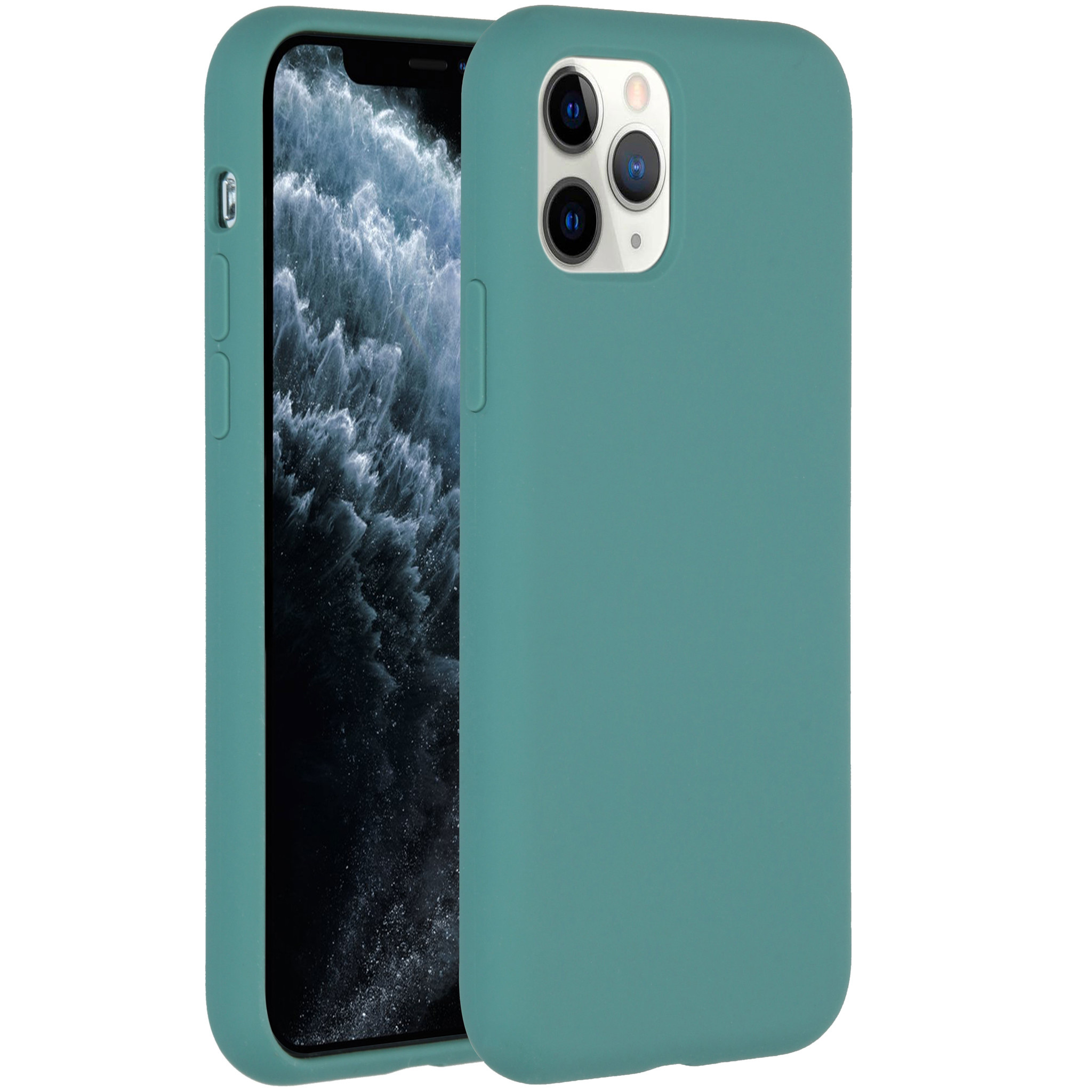 Een teal telefoonhoesje bedekt gedeeltelijk een telefoon die een stormachtige luchtachtergrond weergeeft. De hoes heeft camera-uitsparingen en knoppen.