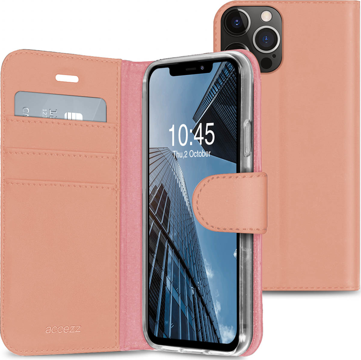 Un étui de téléphone pêche avec un iPhone à l'intérieur, montrant une vue de gratte-ciel. L'étui est ouvert, révélant une fente pour carte.