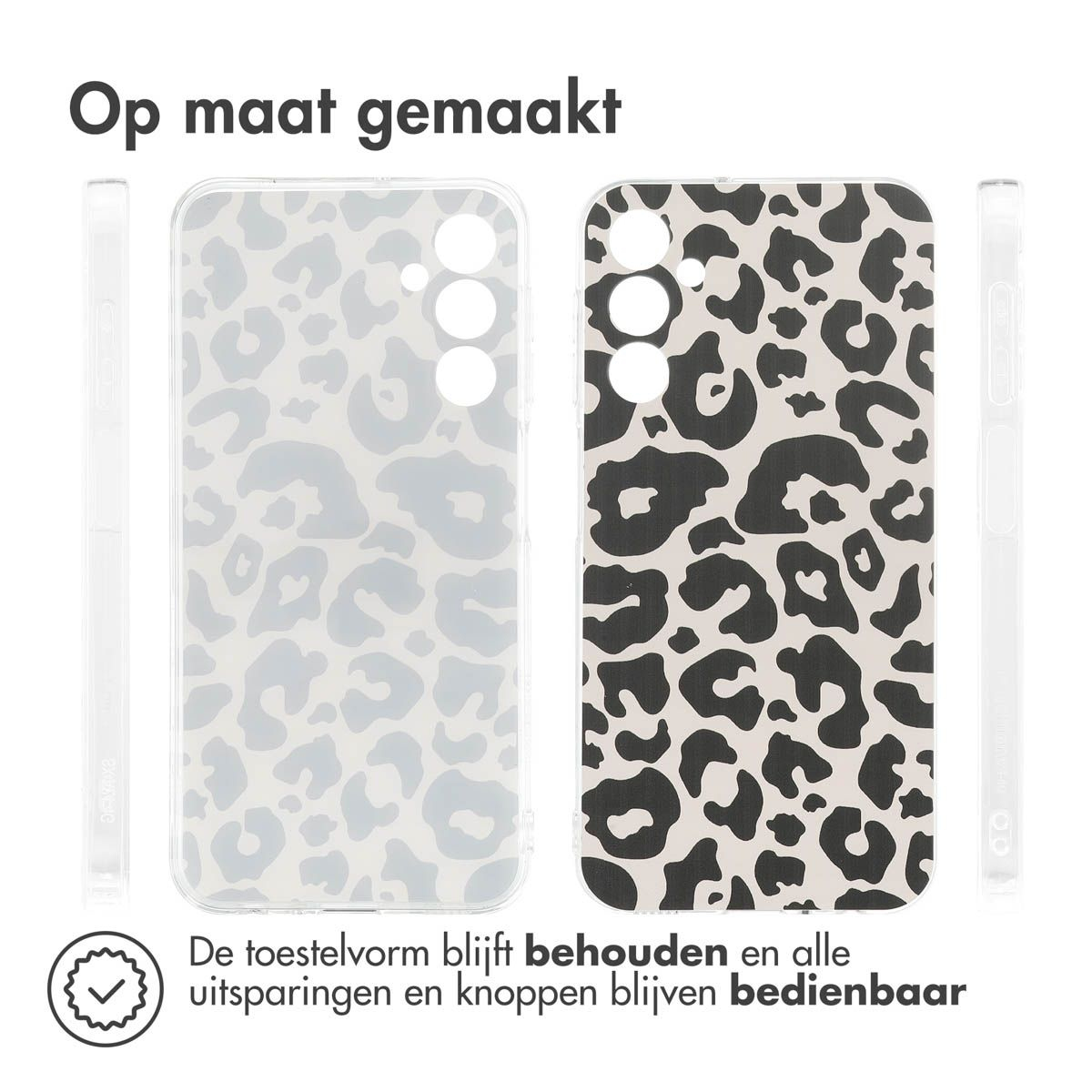 Deux coques de téléphone avec imprimé léopard. L'une est gris clair et l'autre noire et blanche. Le texte en haut dit 'Op maat gemaakt'.