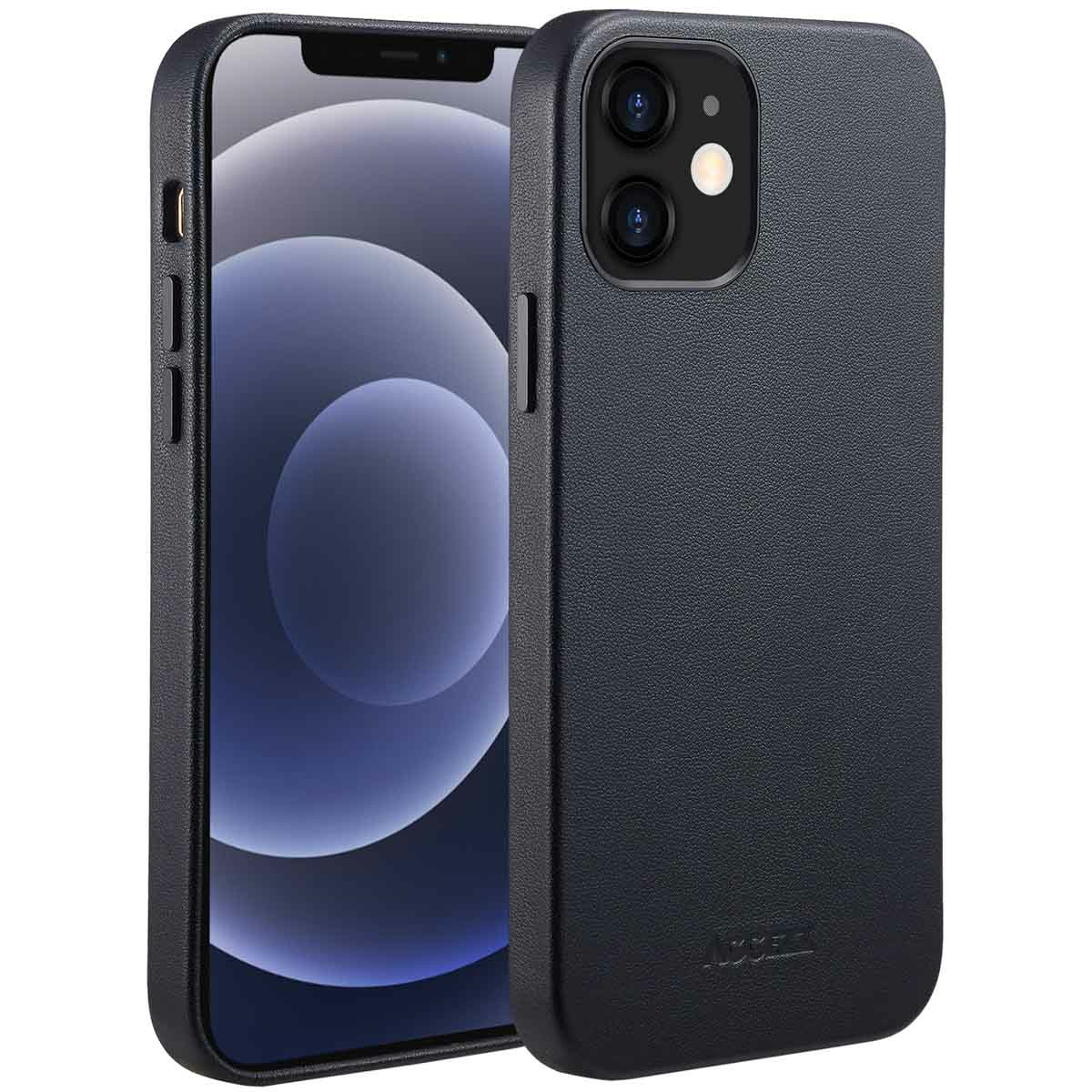 Un iPhone nero con custodia. Il telefono è a sinistra, con la custodia a destra. La custodia ha due fotocamere e un flash.