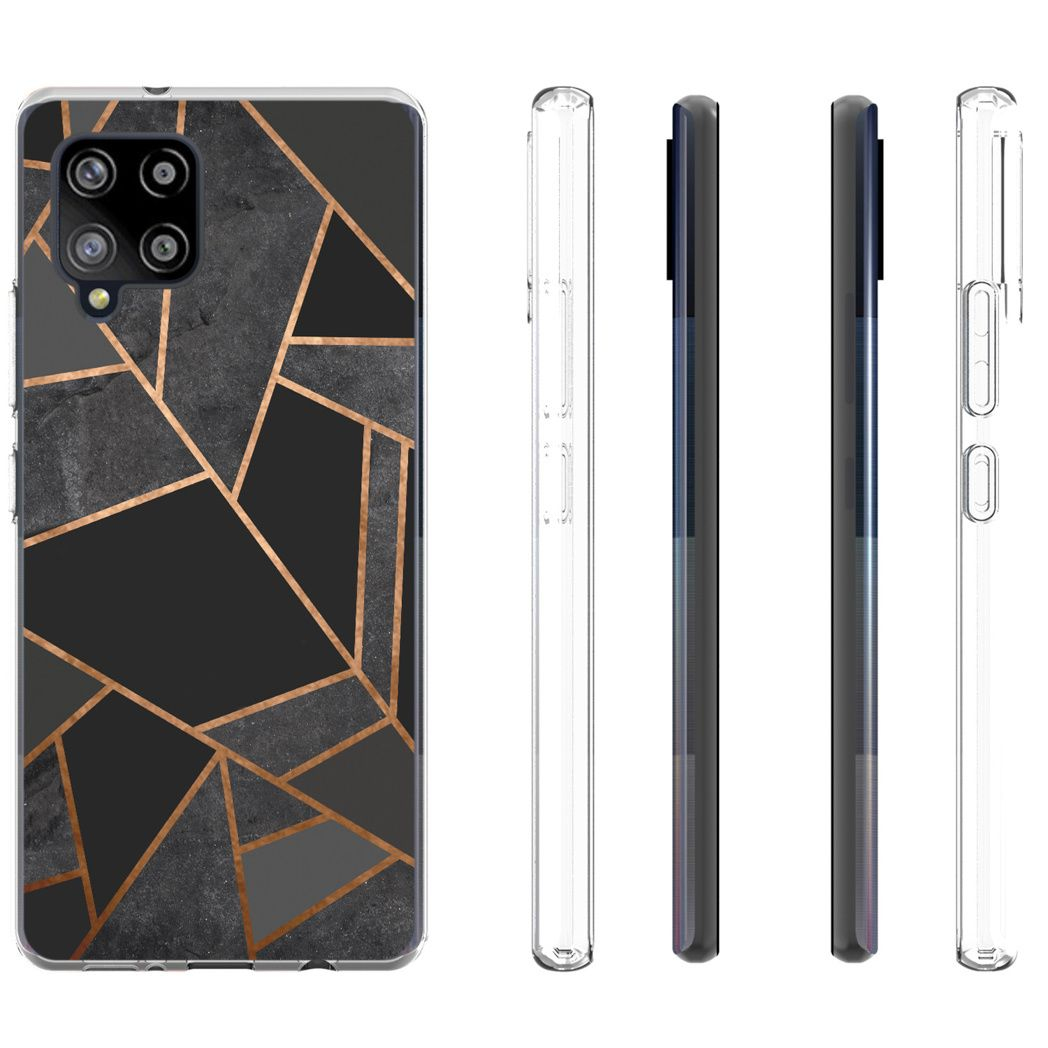 Coque de téléphone avec design géométrique abstrait en noir, gris et cuivre. Plusieurs coques présentées sous différents angles.