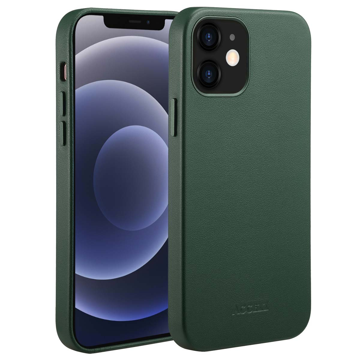 Een iPhone in een groene hoes wordt getoond, met het scherm zichtbaar. De hoes heeft een gestructureerd oppervlak en de camera van de telefoon is zichtbaar.