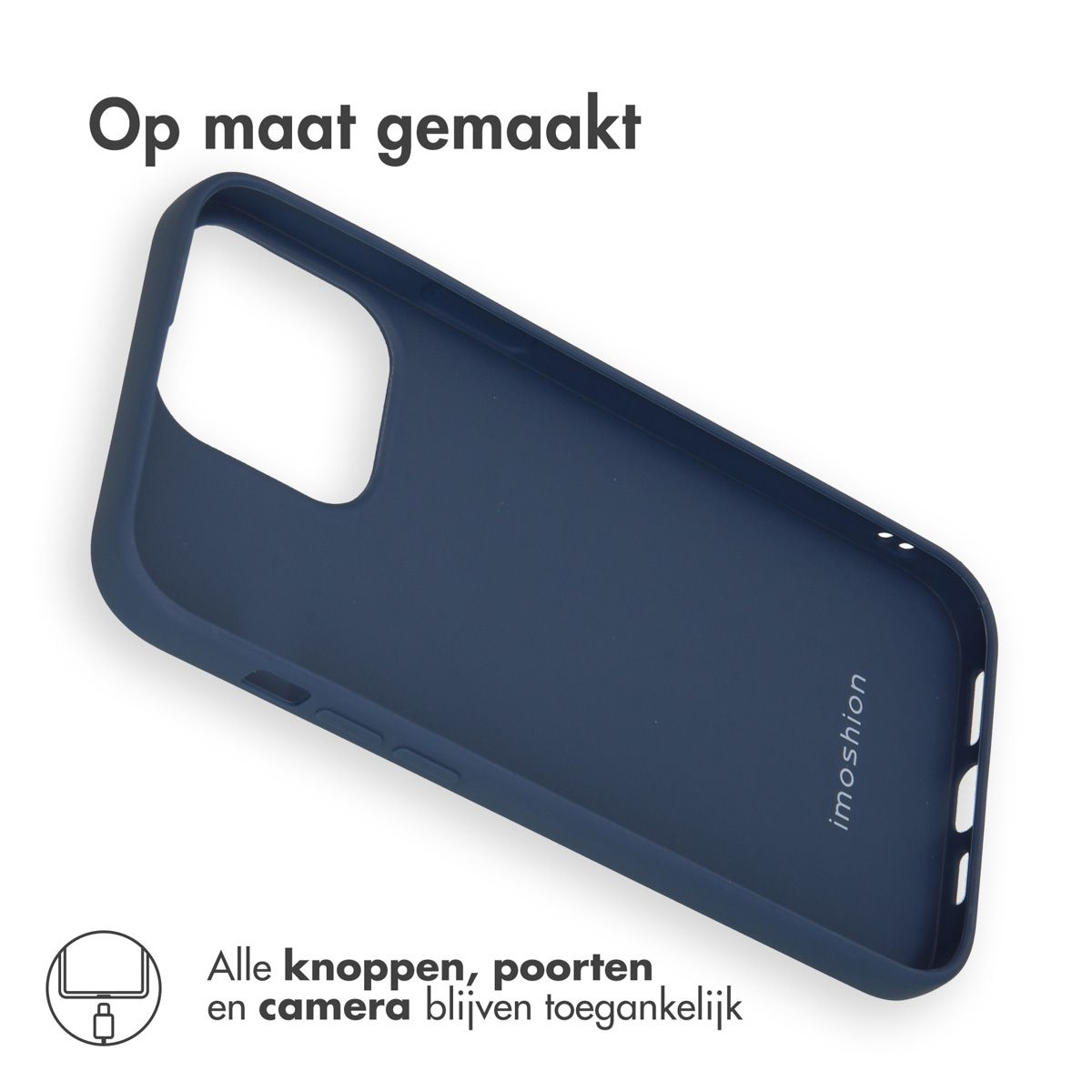 Een marineblauwe telefoonhoes. Tekst: 'Op maat gemaakt'. Merk 'imoshion'. Tekst onder: 'Alle knoppen, poorten en camera blijven toegankelijk'.