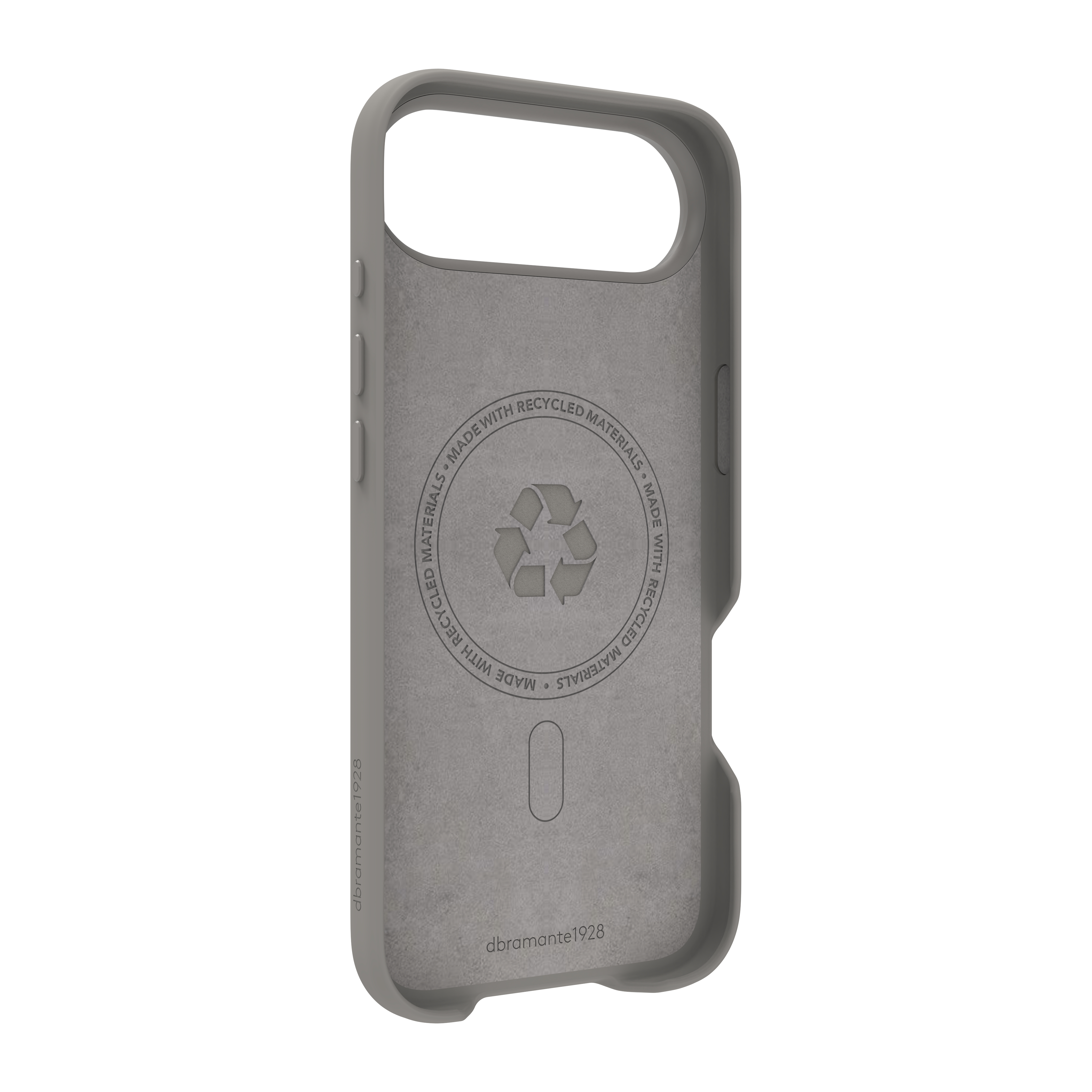 Una custodia grigia per telefono con un ritaglio per la fotocamera. Ha un logo di materiali riciclati e il nome del marchio.