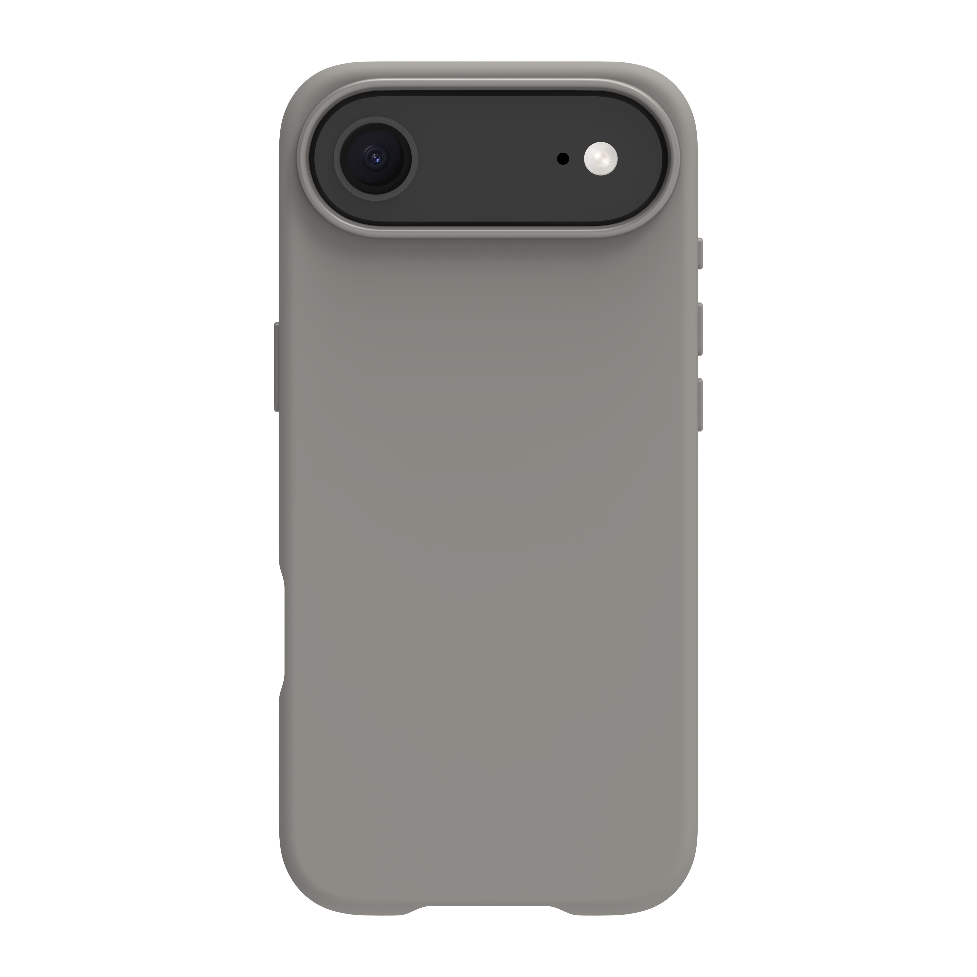 Una custodia grigia per telefono con una sezione superiore nera contenente una fotocamera e un flash. Sfondo bianco.