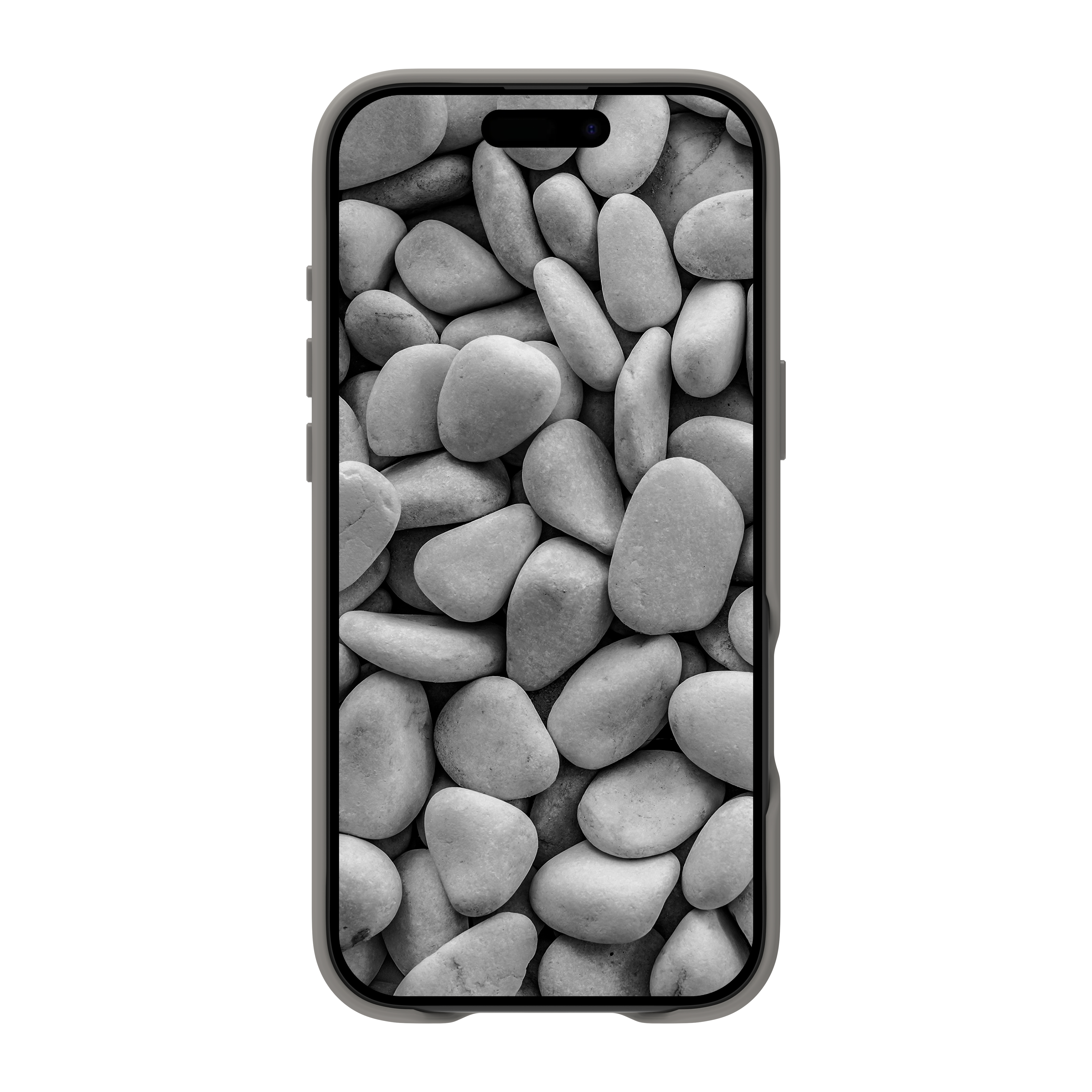Uno smartphone mostra un'immagine in scala di grigi di pietre lisce e arrotondate. Il telefono è in una custodia grigia, su sfondo bianco.