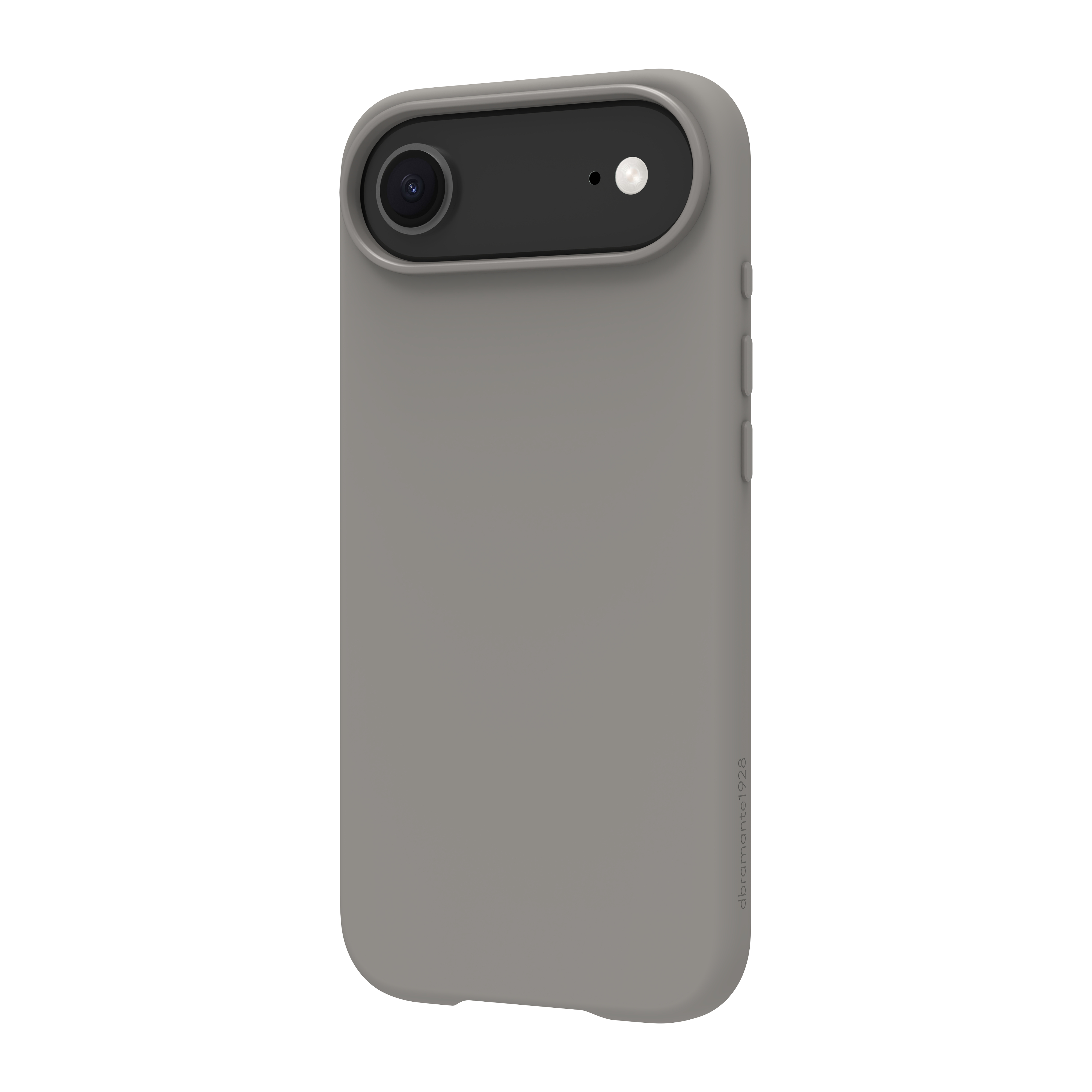 Una custodia grigia con una sezione superiore nera contenente una fotocamera e un flash.