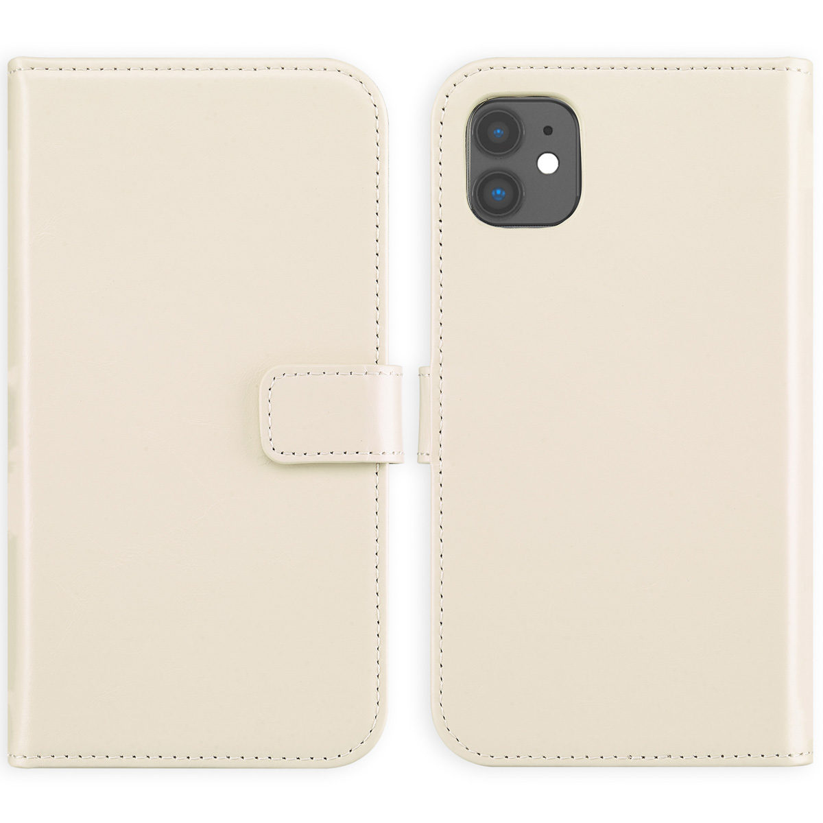 Un étui de téléphone crème, ouvert pour révéler le téléphone. Le côté gauche a un rabat avec une fermeture. Le côté droit montre la caméra du téléphone.