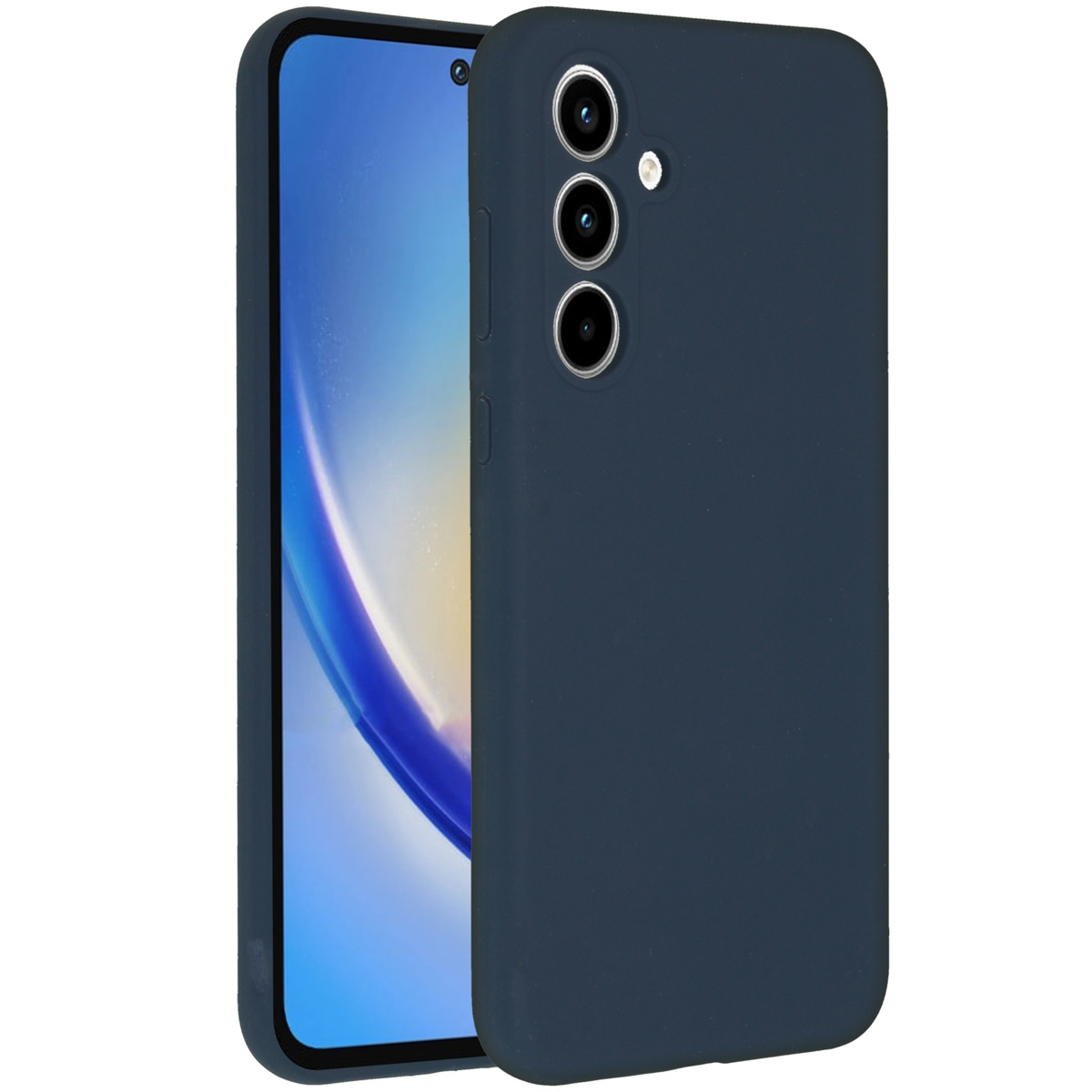 Eine dunkelblaue Handyhülle neben einem Handy mit einem Bildschirm, der ein blaues und weißes Design zeigt. Die Hülle hat Kameralöcher.