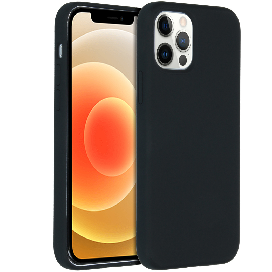 Un étui de téléphone noir à côté d'un iPhone. L'écran de l'iPhone affiche un dégradé doré et blanc. L'étui a des découpes pour l'appareil photo.