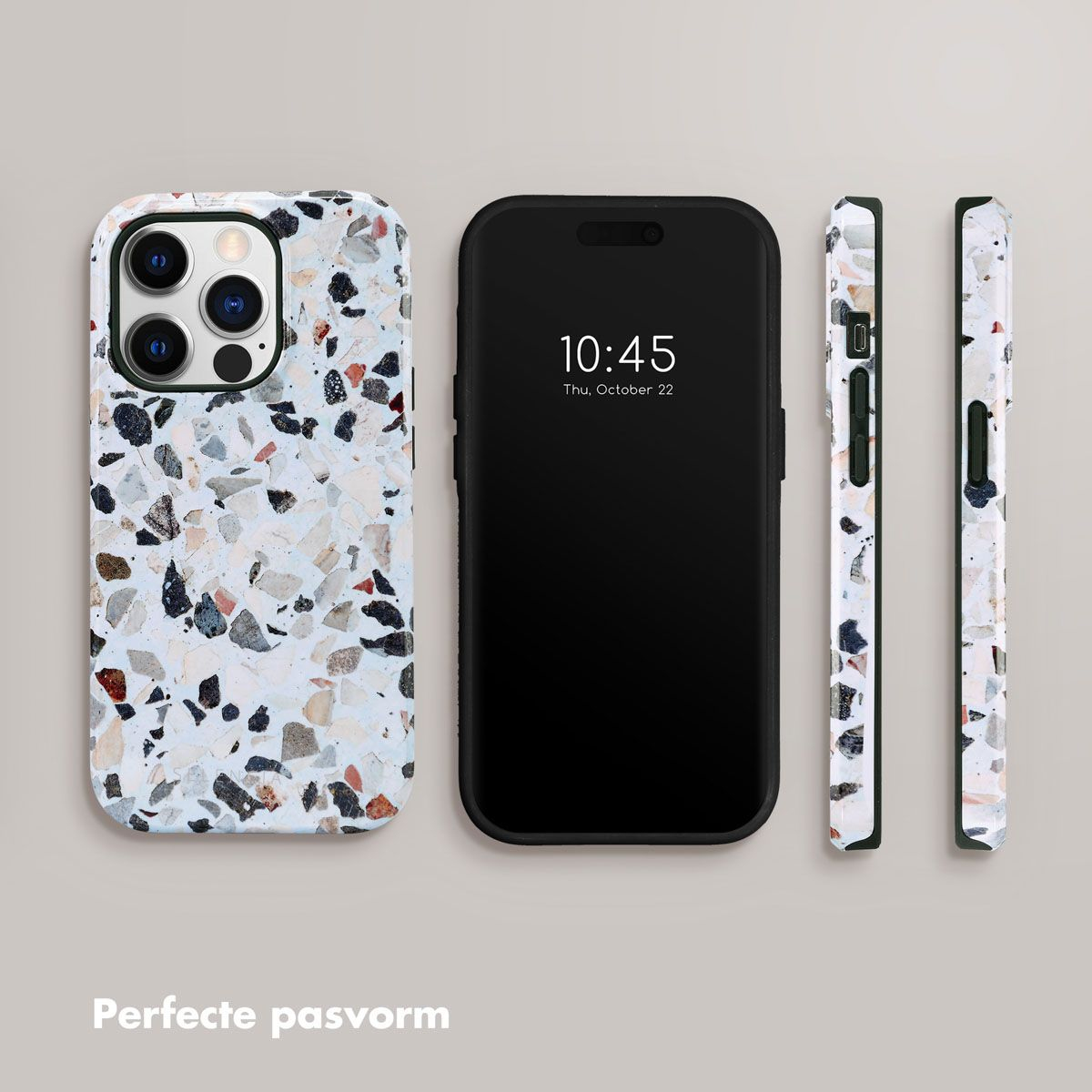 Un téléphone et des étuis avec un motif terrazzo blanc. L'écran du téléphone affiche l'heure. Les étuis en différentes vues montrent le motif.