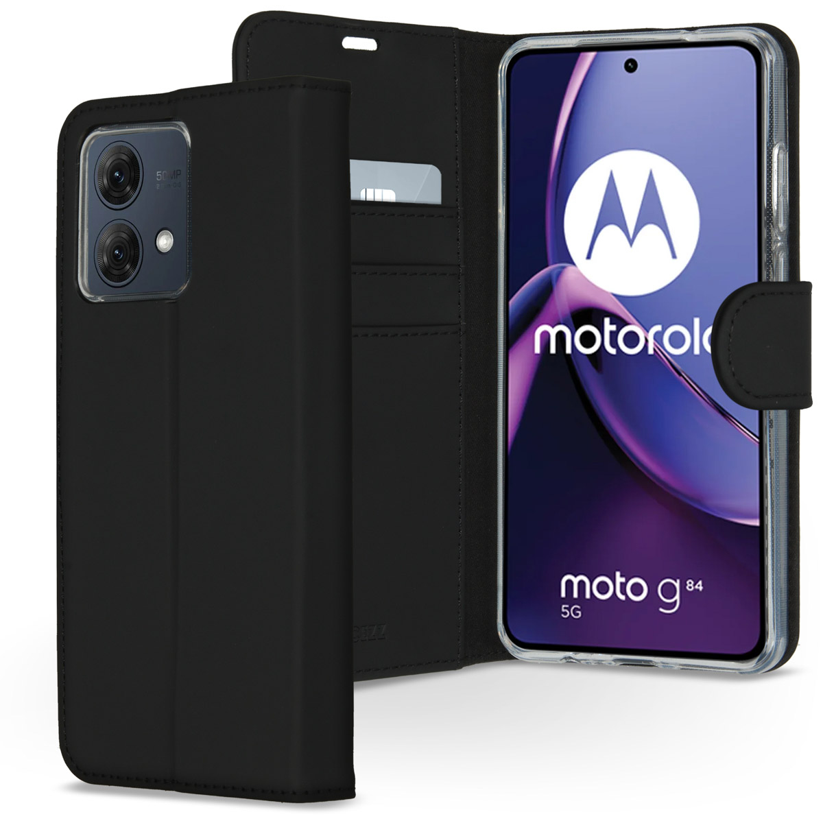 Custodia nera per telefono con un telefono Motorola all'interno. La custodia è aperta, mostrando lo schermo e gli slot per schede.