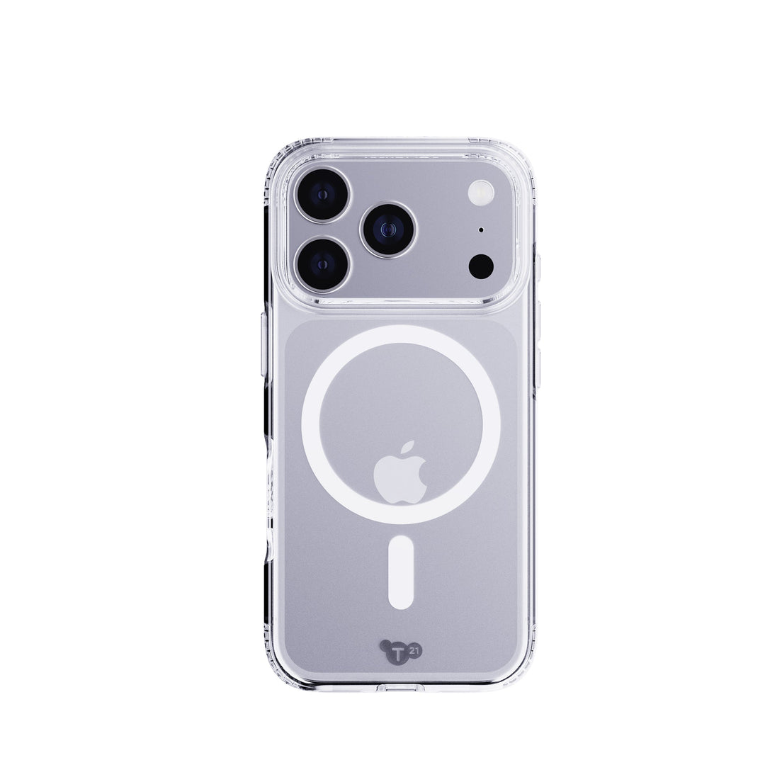 Una custodia trasparente per telefono, che mostra un iPhone con tre fotocamere. La custodia ha un anello MagSafe e il logo Apple.