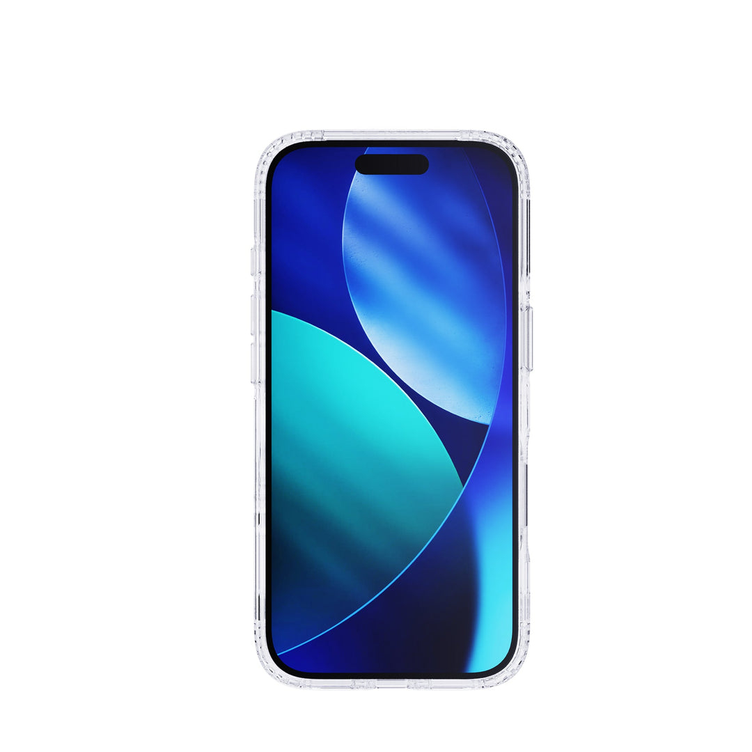 Uno smartphone in una custodia trasparente. Lo schermo mostra forme astratte blu e turchesi. Lo sfondo è bianco.