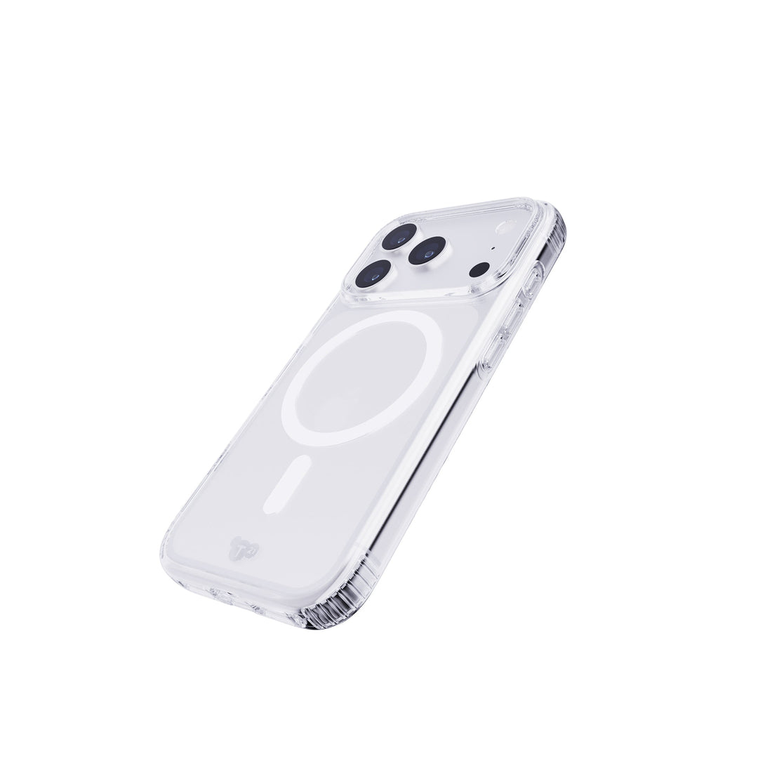 Una custodia trasparente per iPhone, che mostra il design del telefono, con tre lenti della fotocamera, un cerchio e un trattino sul retro.