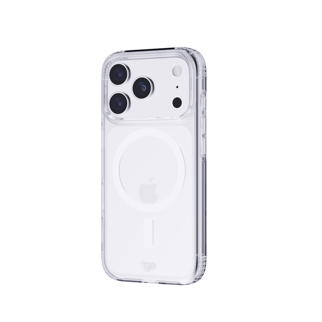 Viene mostrata una custodia trasparente per iPhone, che mostra la serie di fotocamere, il logo Apple e l'anello MagSafe del telefono. Su sfondo bianco.
