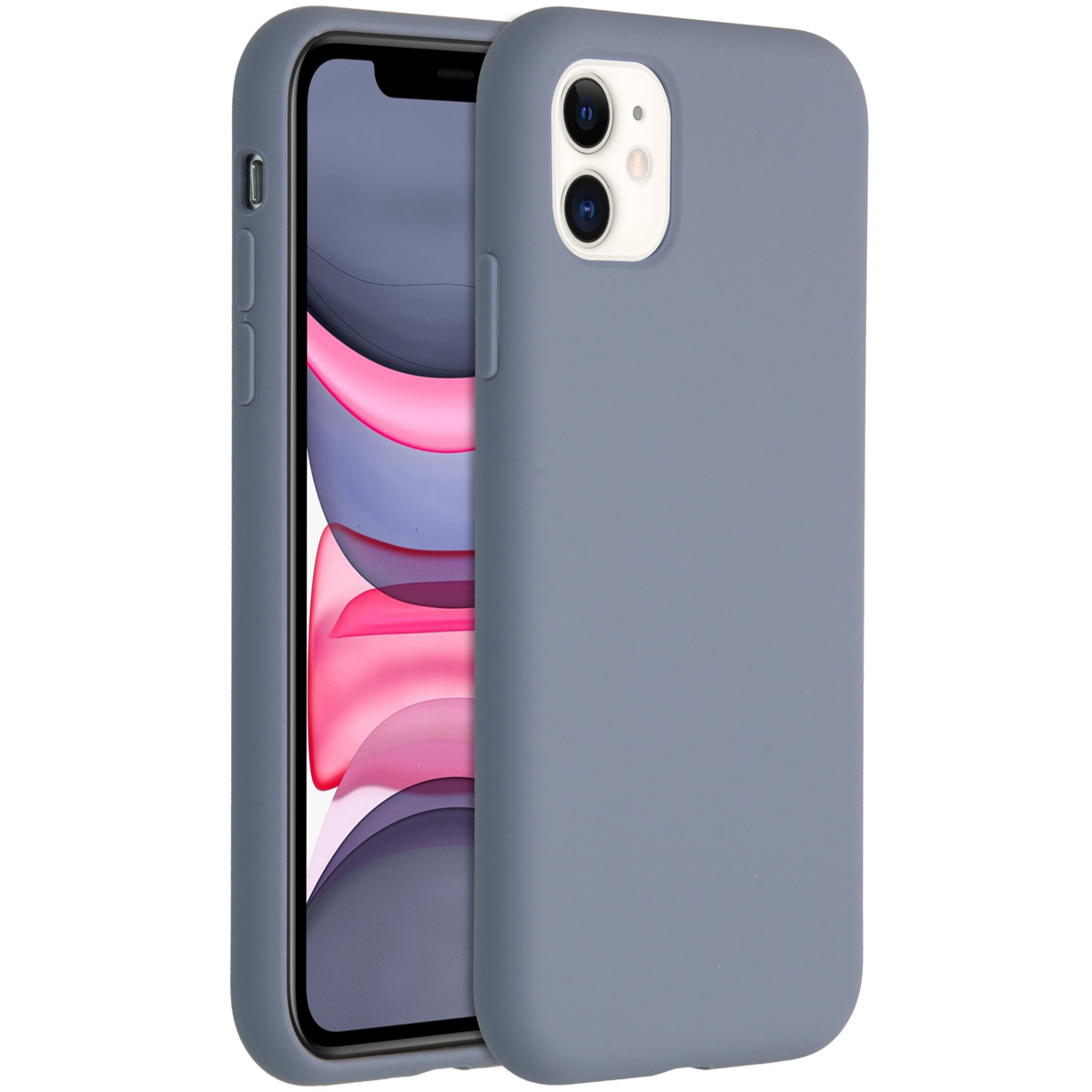 Een grijze telefoonhoes bedekt gedeeltelijk een telefoon, waardoor het scherm met een kleurrijke achtergrond te zien is. De hoes heeft een camera-uitsparing.