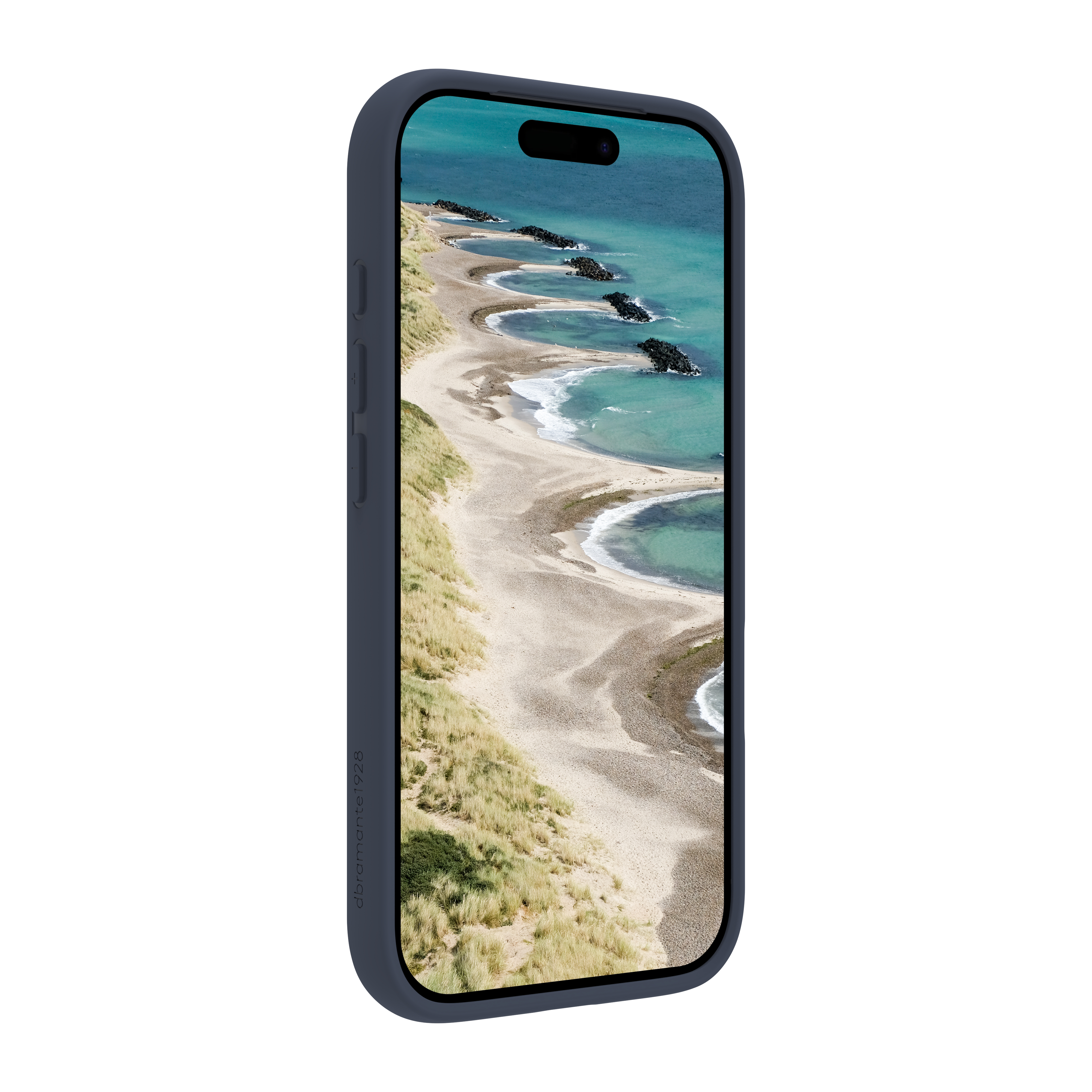 Handyhülle zeigt eine Strandszene. Türkisfarbenes Wasser, Sand und Felsen sind sichtbar. Die Handyhülle ist dunkelblau.