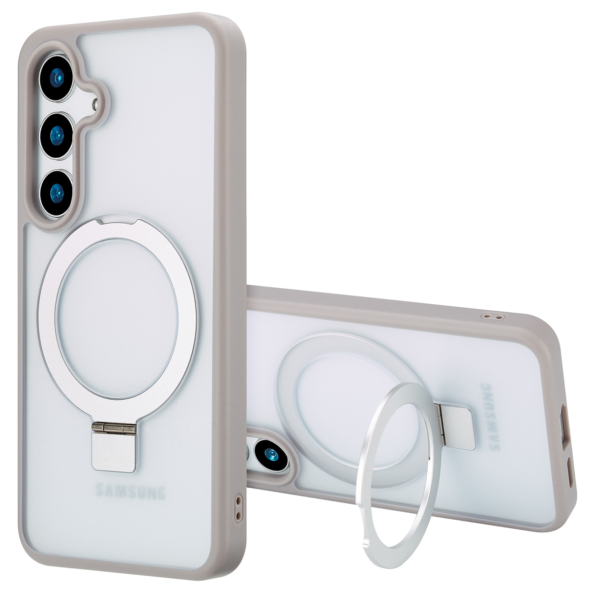Twee telefoonhoesjes, één rechtop, één liggend. Beide hebben een doorzichtige achterkant, een grijs frame en een zilveren ring om vast te houden.