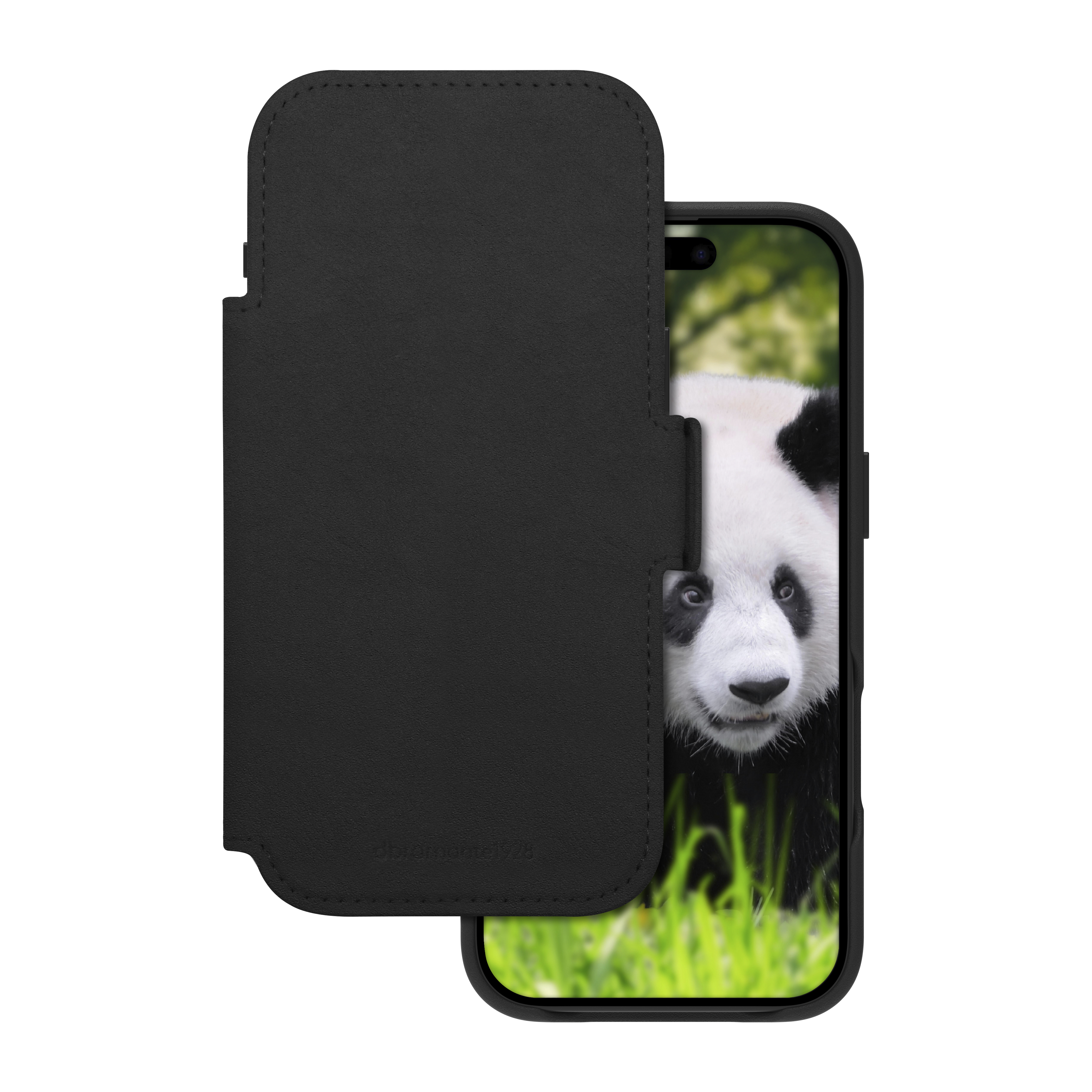 Schwarze Handyhülle mit Klappe, die ein Handy mit einem Pandabären zeigt. Weißer Hintergrund.
