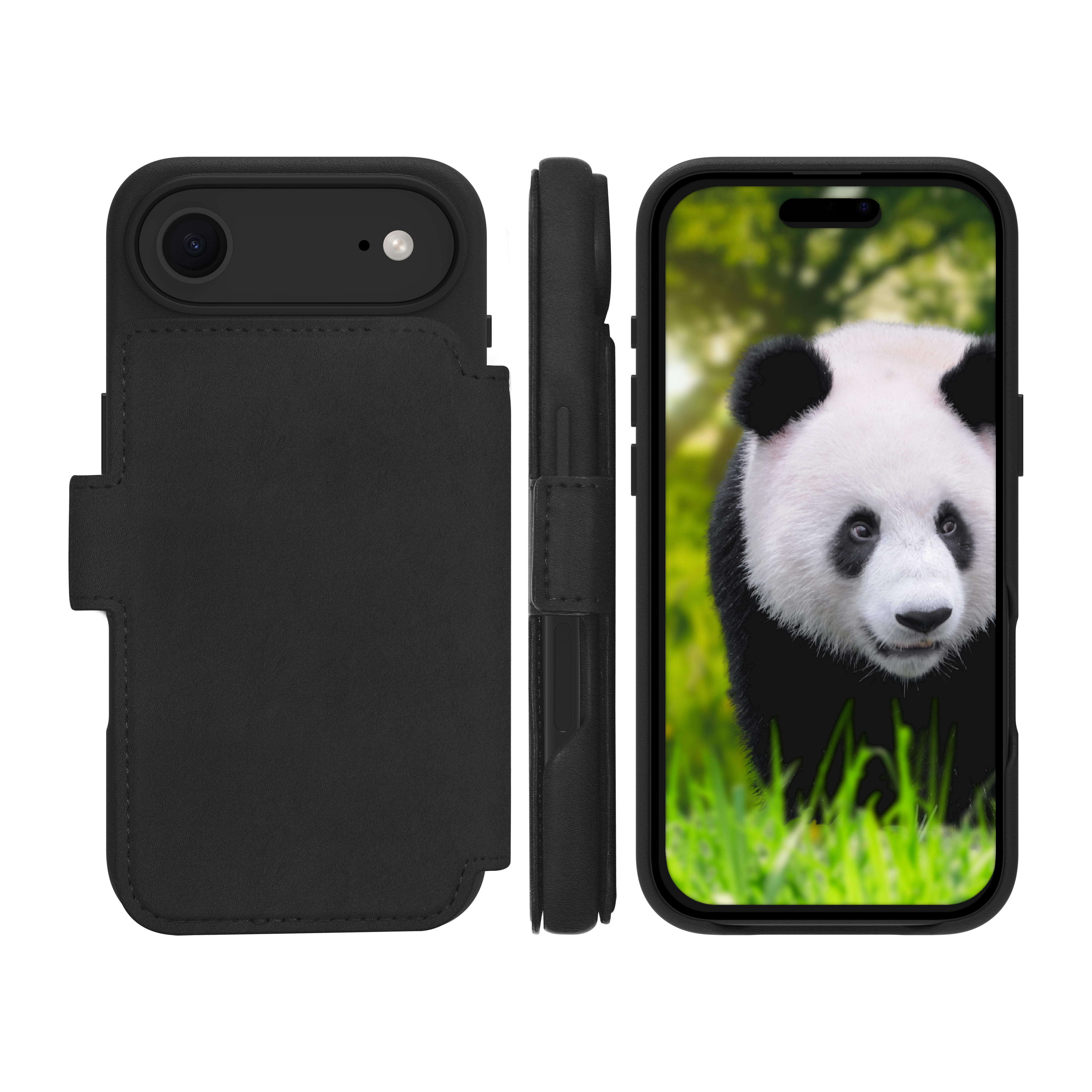 Schwarze Handyhülle mit Panda-Display. Seitenansicht zeigt Details. Isoliert auf weißem Hintergrund.