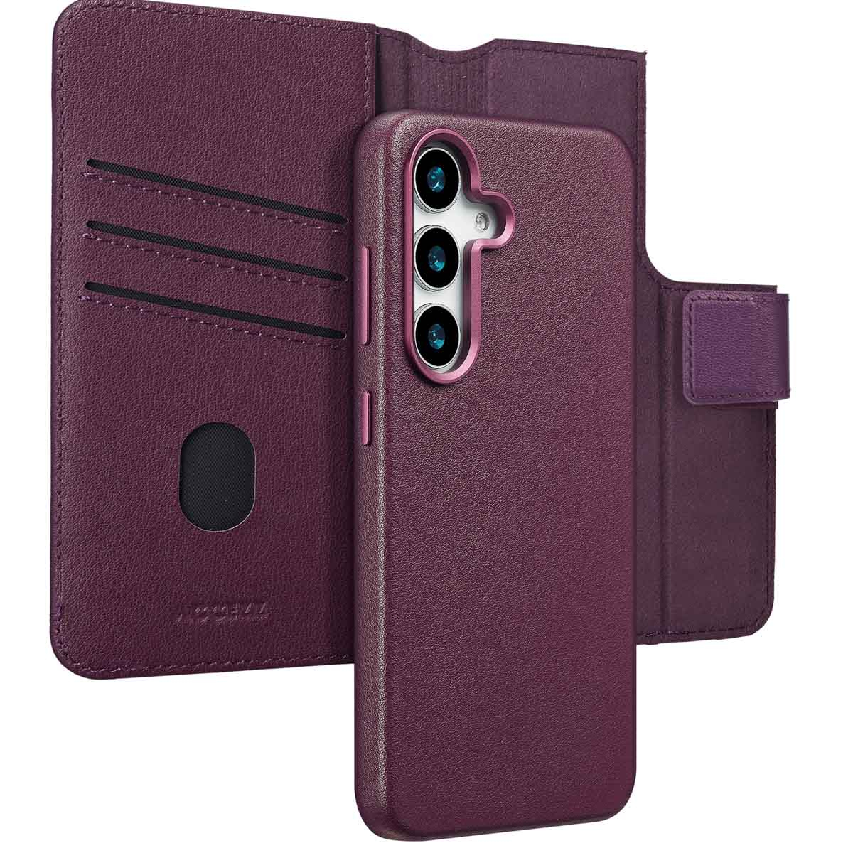Een pruimkleurige telefoonhoes met portemonneefunctie. De hoes heeft een uitsparing voor de camera en sleuven voor kaarten. De achtergrond is wit.