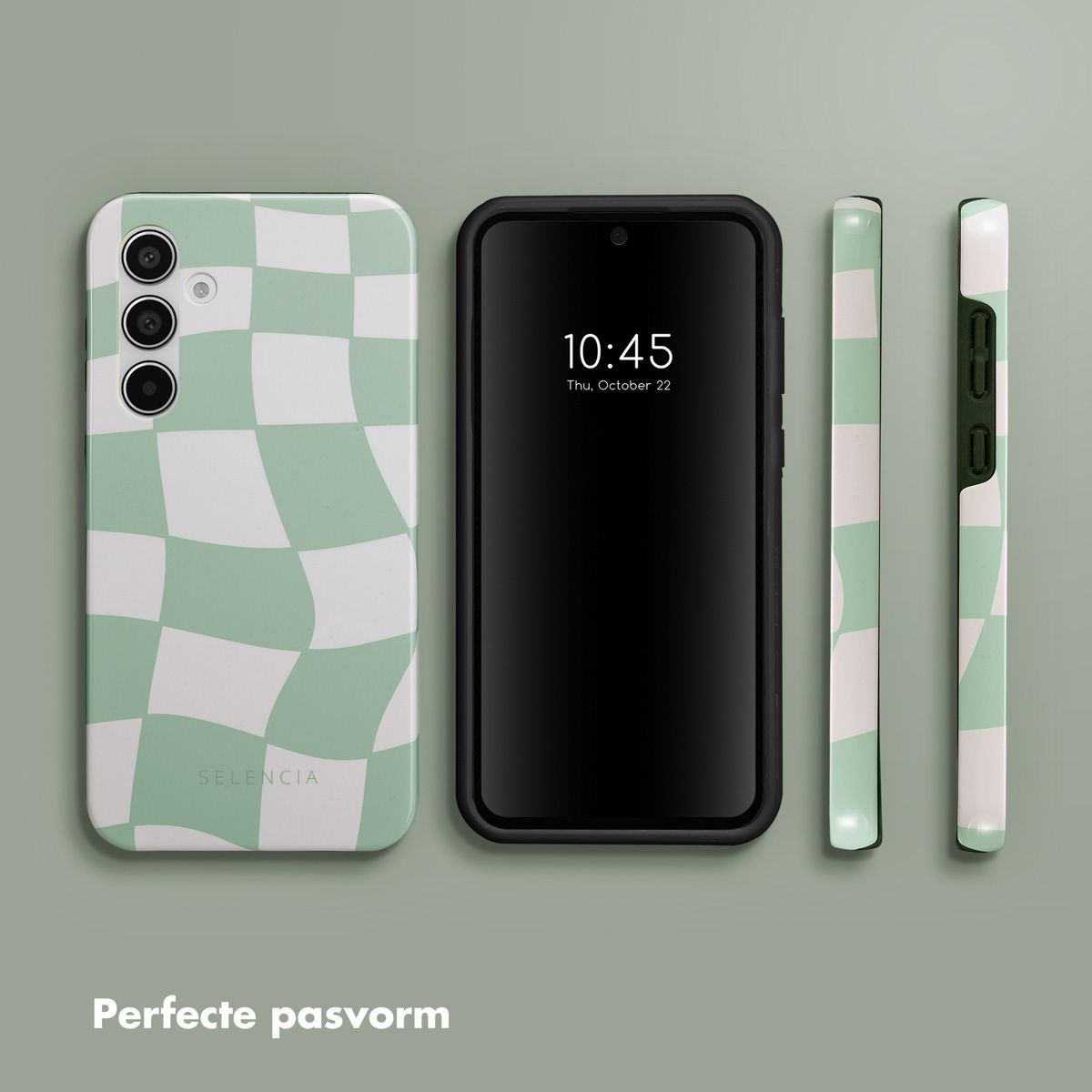 Telefoon met zwart scherm, telefoonhoesjes met groen en wit dambordpatroon, op een groene ondergrond. De tijd is 10:45.