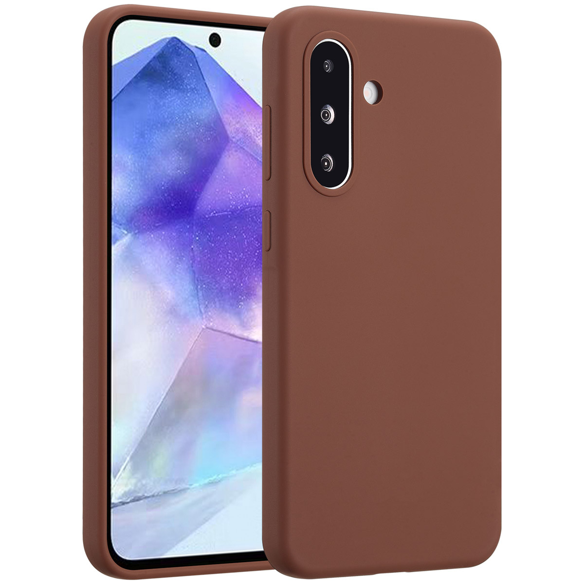 Un étui de téléphone marron avec un téléphone à l'intérieur, montrant l'écran avec un fond violet. L'étui est détaillé et s'adapte.