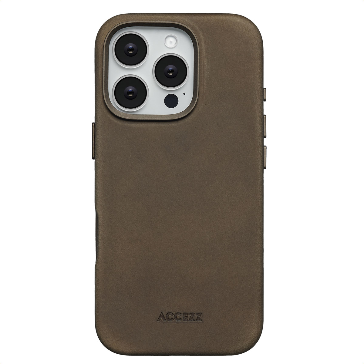 Una custodia per telefono marrone con il marchio ACCEZZ in basso. La custodia ha ritagli per la fotocamera e pulsanti del volume.