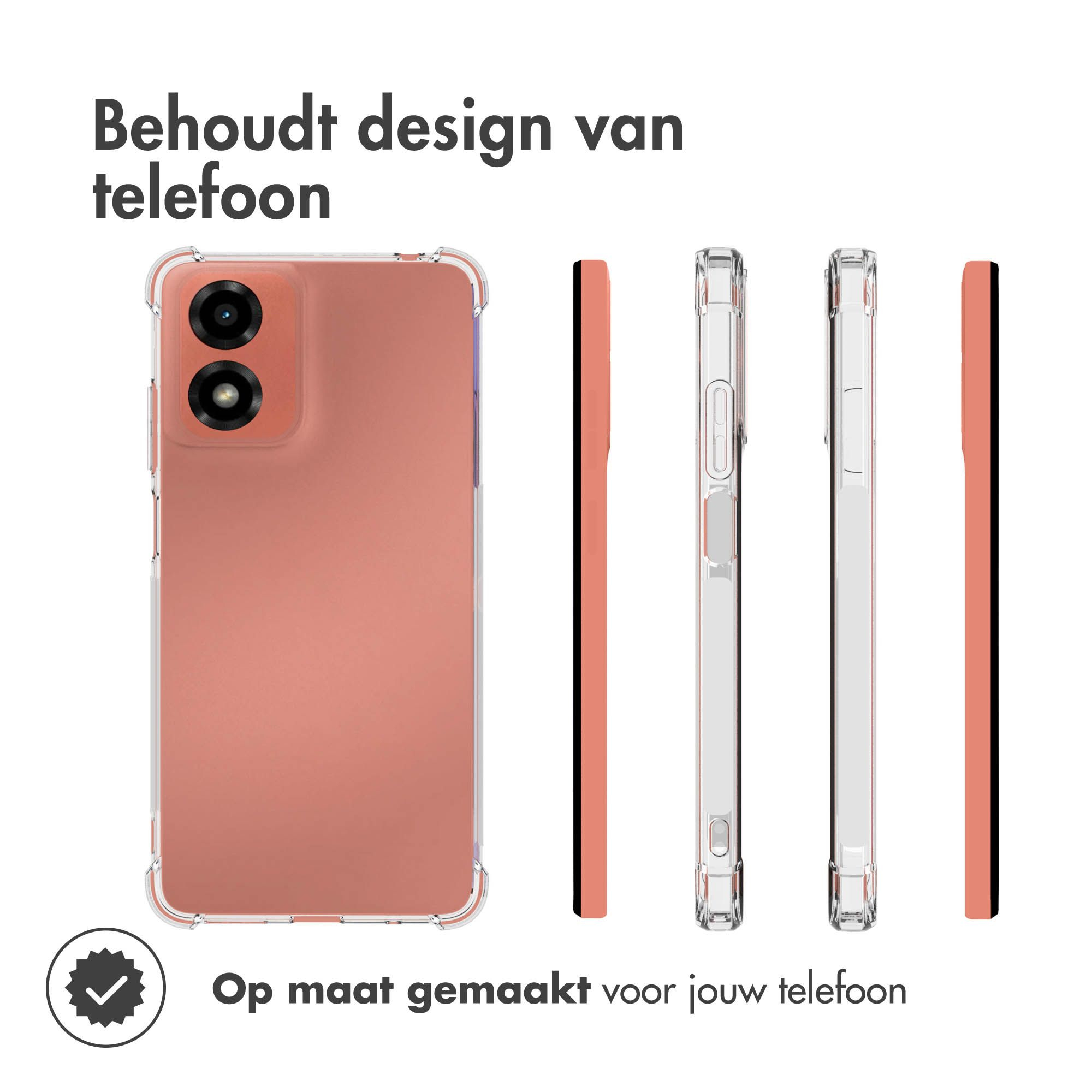 Telefono rosa in custodia trasparente con viste laterali. Testo: Behoudt design van telefoon, Op maat gemaakt voor jouw telefoon.